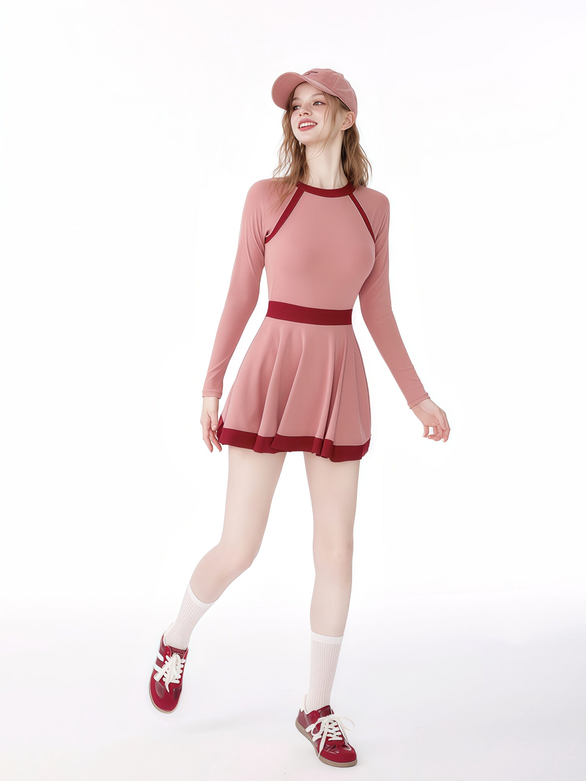 Pink Long Sleeve Skirted Swimsuit image 1