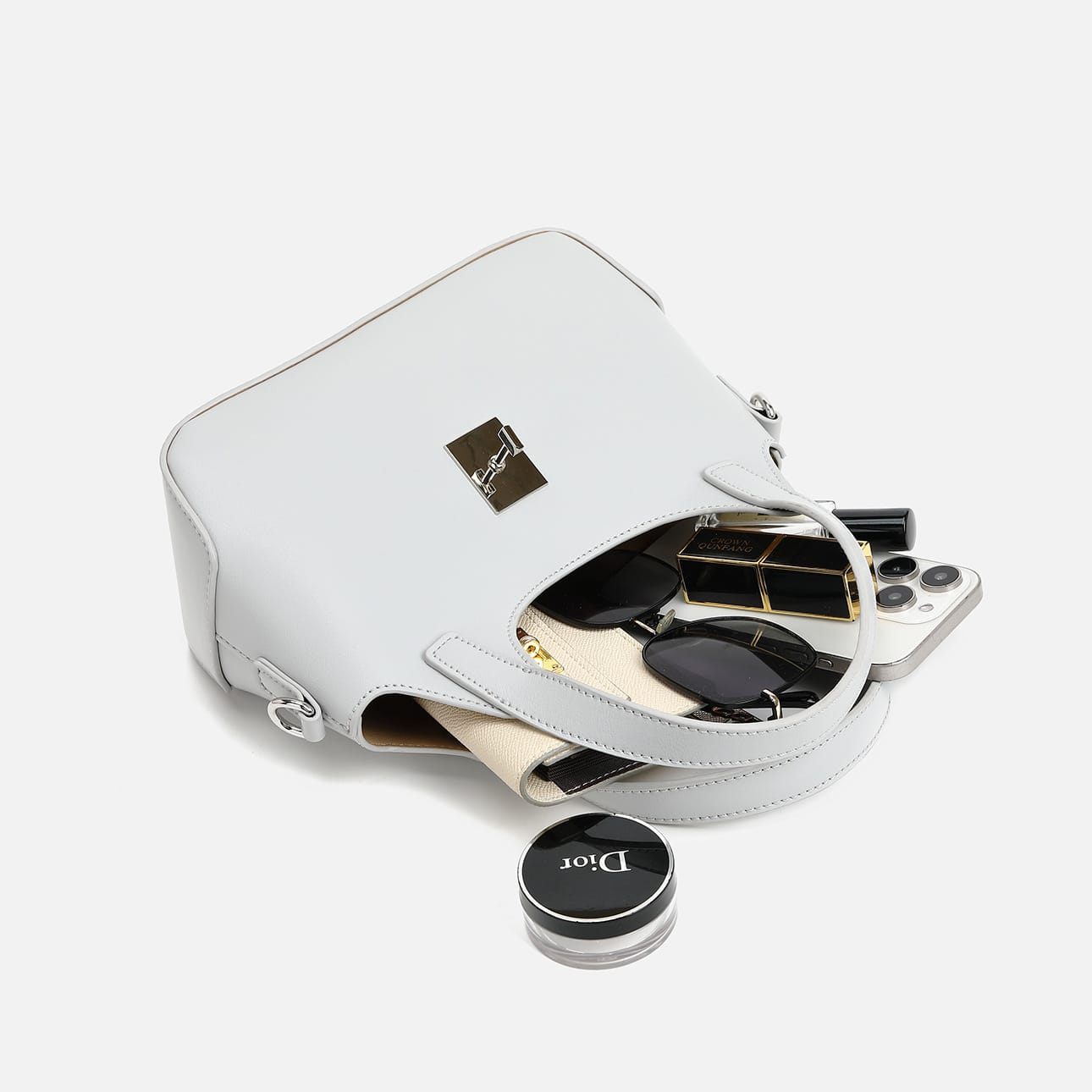 Stylish Gray Handbag with Adorable Teddy Bear Charm image 5