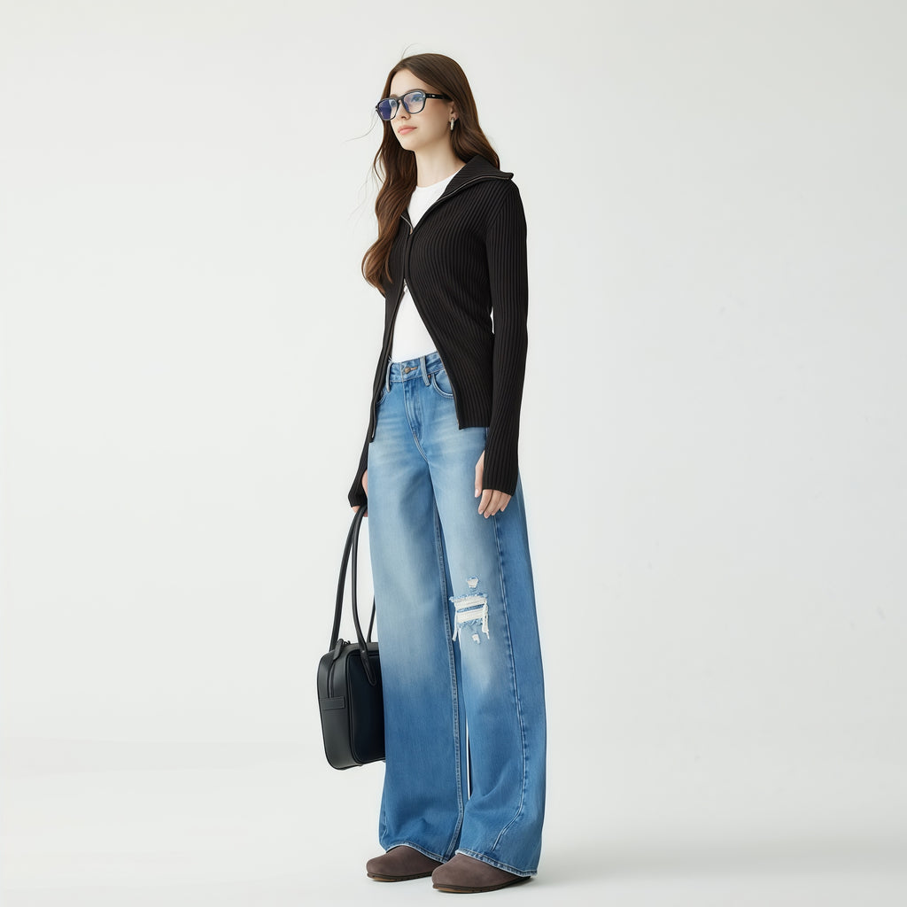 Distressed Wide Leg High Waisted Jeans in Light Blue image 1