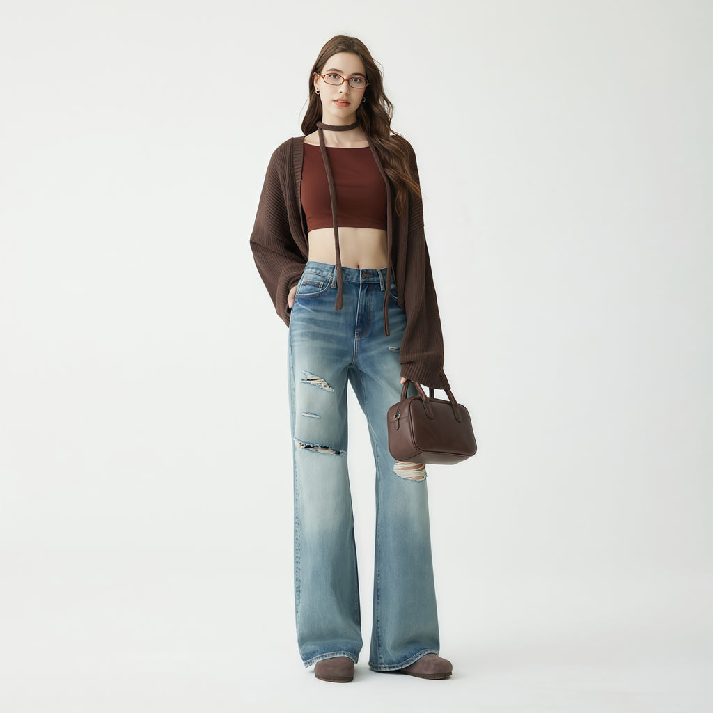 High-Waisted Ripped Light Blue Wide-Leg Jeans image 1