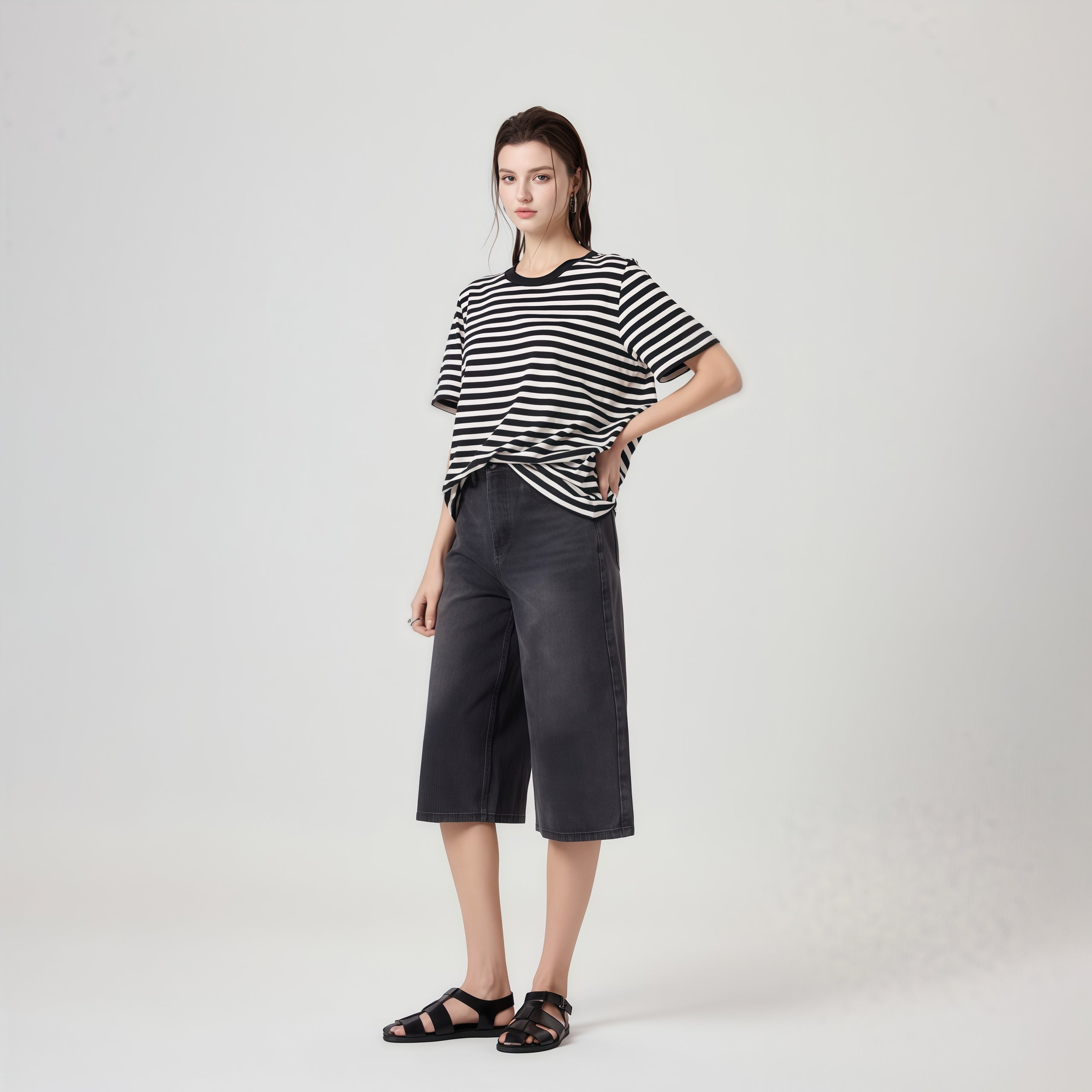 High-Waisted Black Denim Culottes image 3