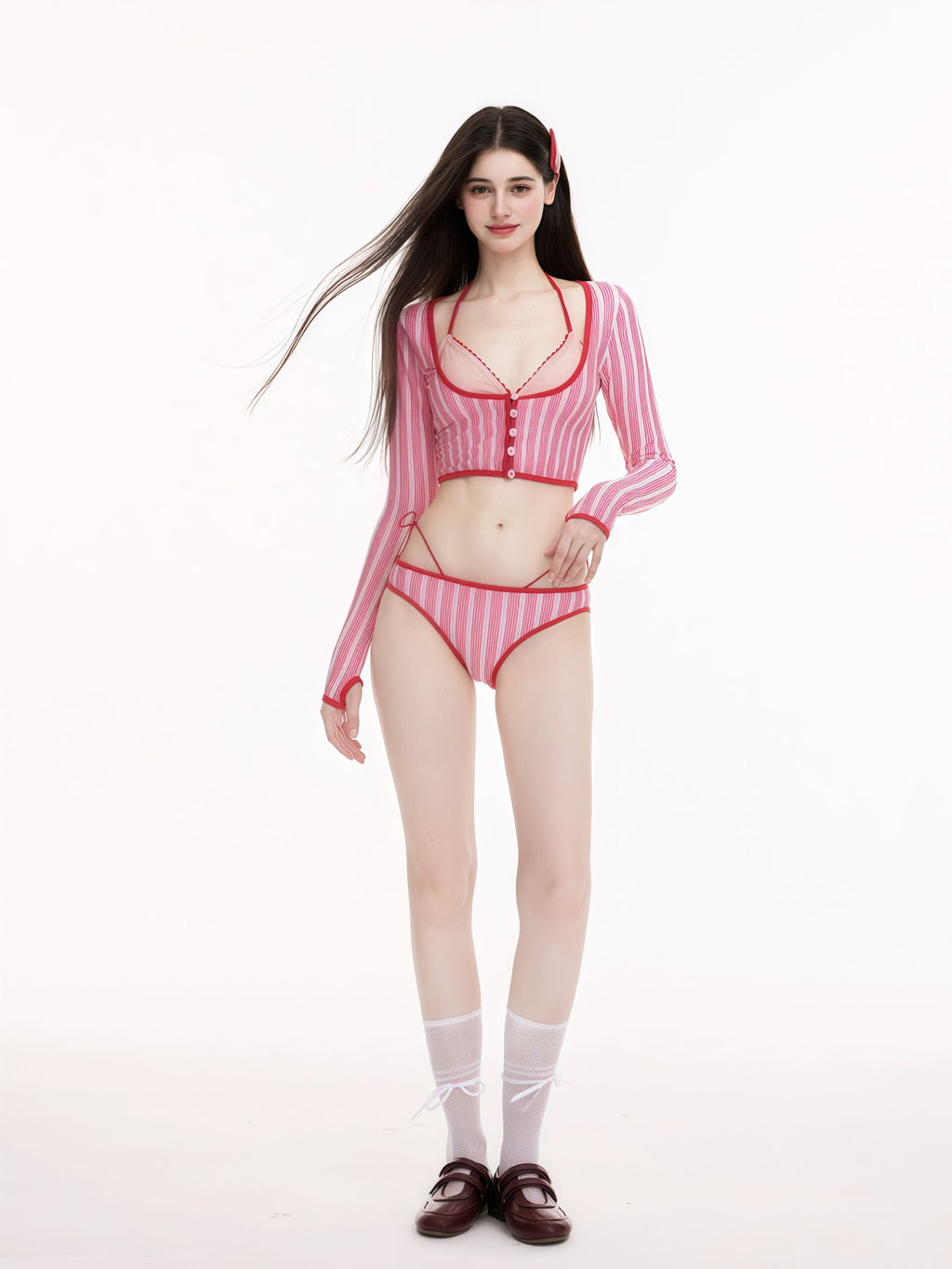 Pink and White Striped Bikini Set image 0