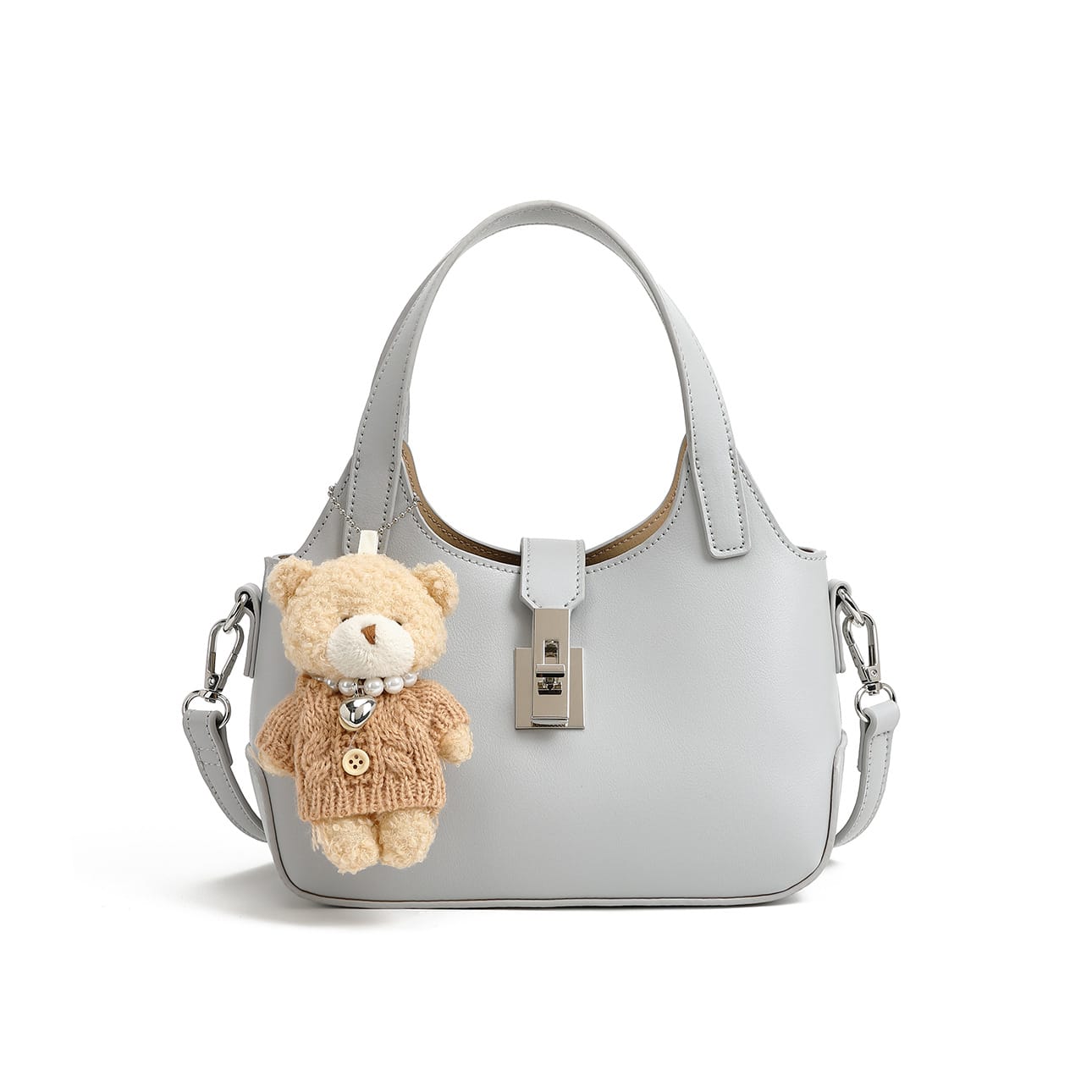 Stylish Gray Handbag with Adorable Teddy Bear Charm image 0