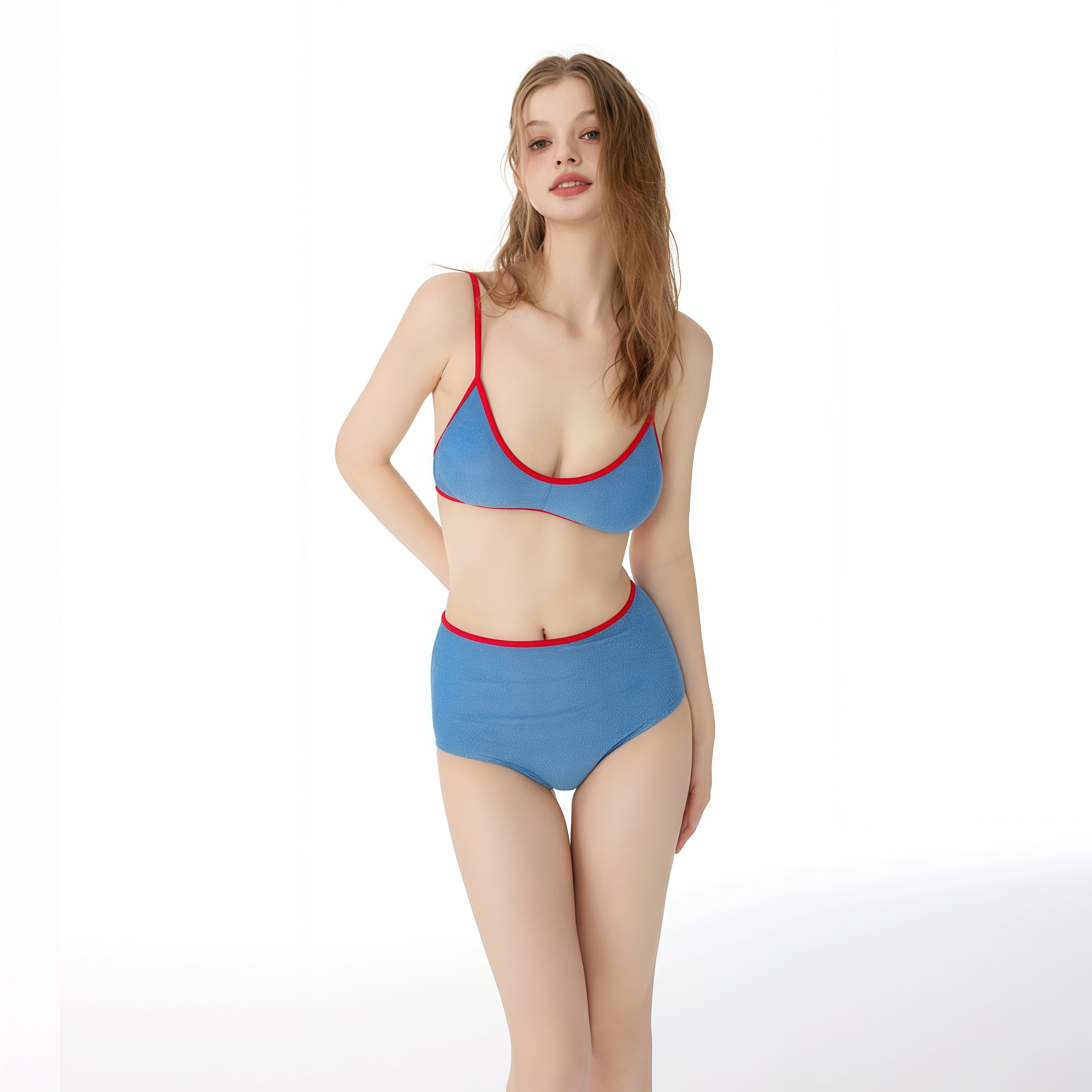 Blue and Red Ribbed Two-Piece Swimsuit image 1