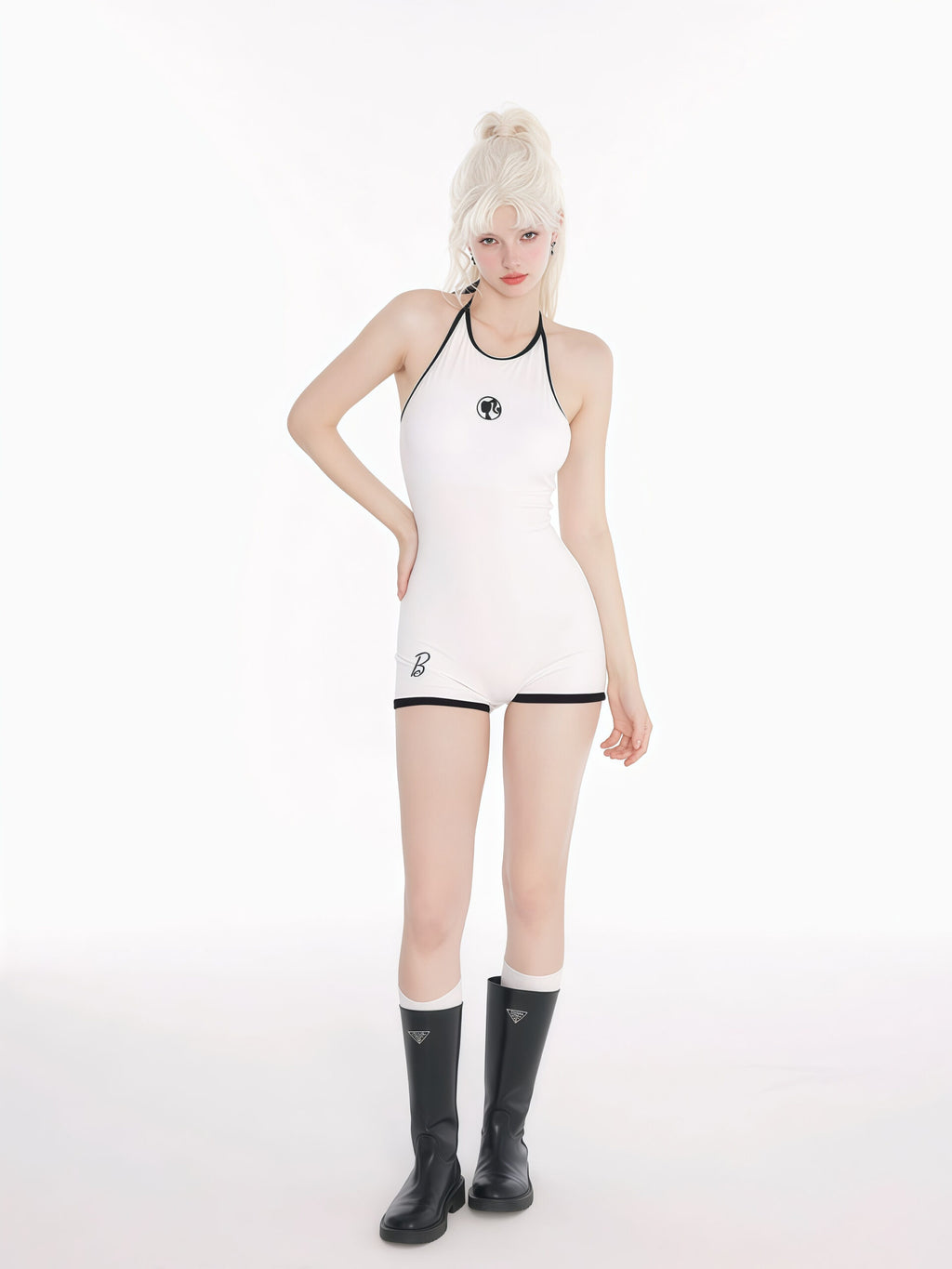 Stylish White One-Piece Swimsuit with Halter Neck image 0