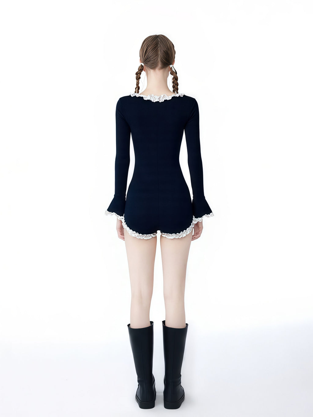 Black One-Piece Swimsuit with Ruffled Collar image 3