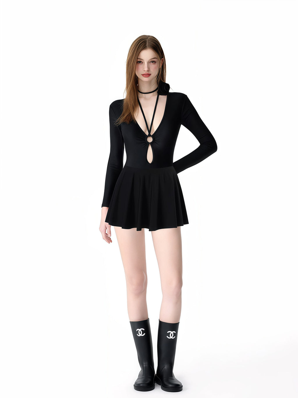 Black Long-Sleeve One-Piece Swimsuit image 2