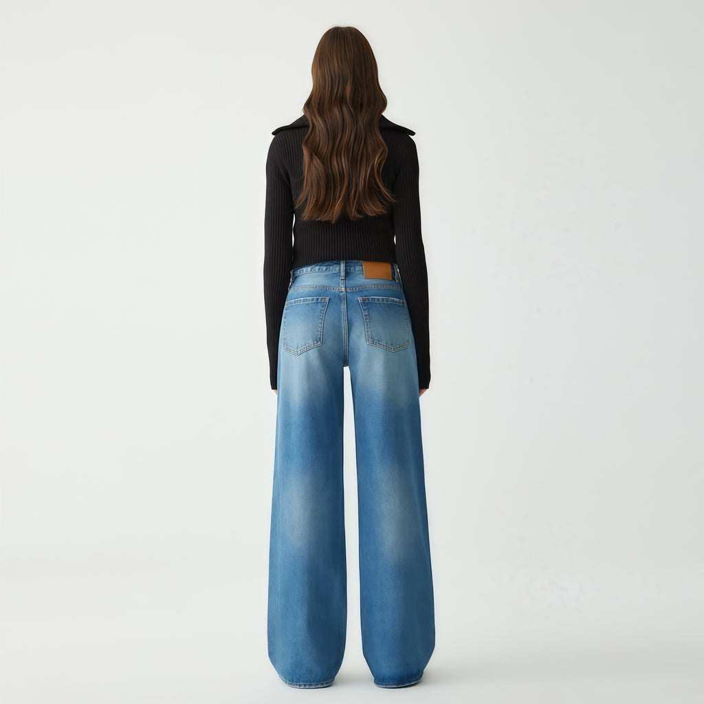 Distressed Wide Leg High Waisted Jeans in Light Blue image 3