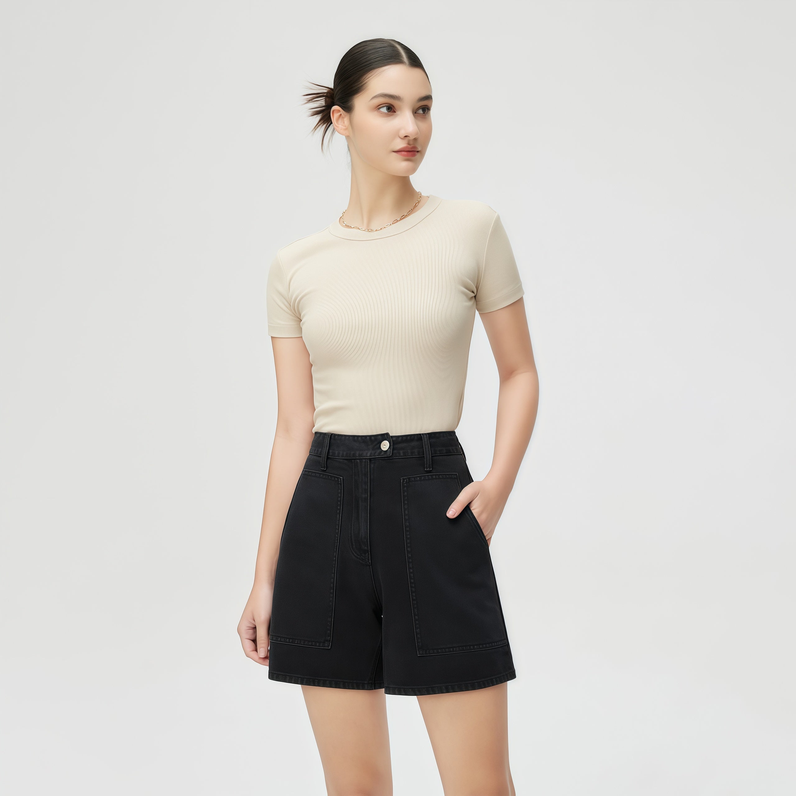 High-Waisted Black Denim Shorts image 1