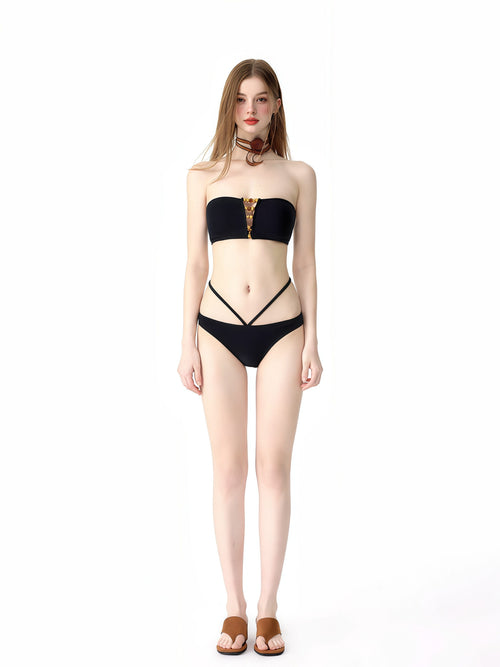 Black Strapless Bikini with Ruched Skirt image 0