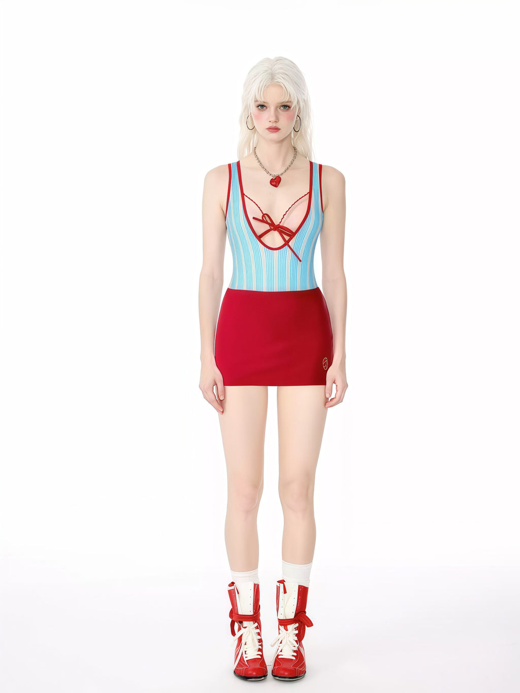 Blue Striped One-Piece Swimsuit<span> - </span>Blue and Red skirt, XL image