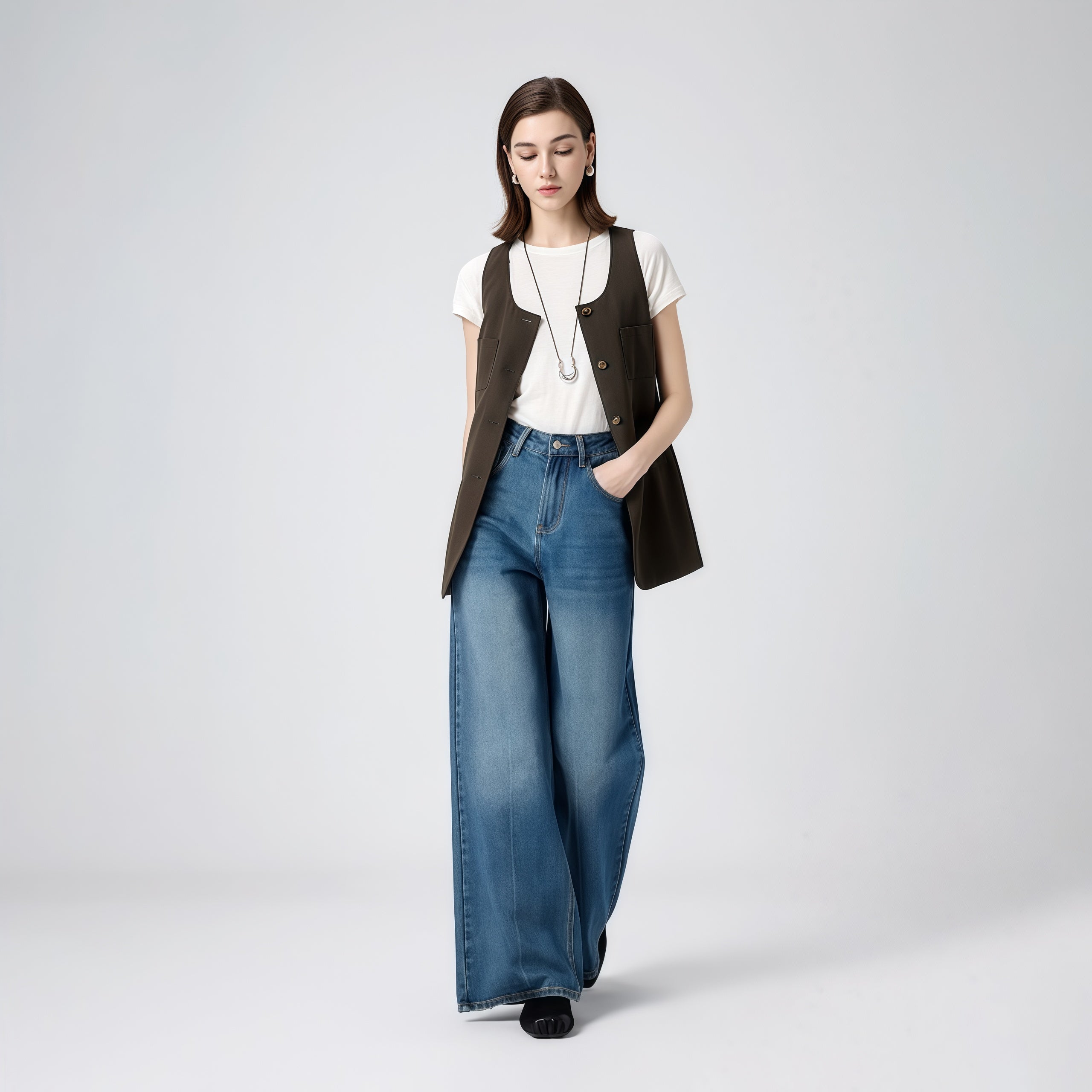 High-Waisted Blue Wide-Leg Jeans image 1
