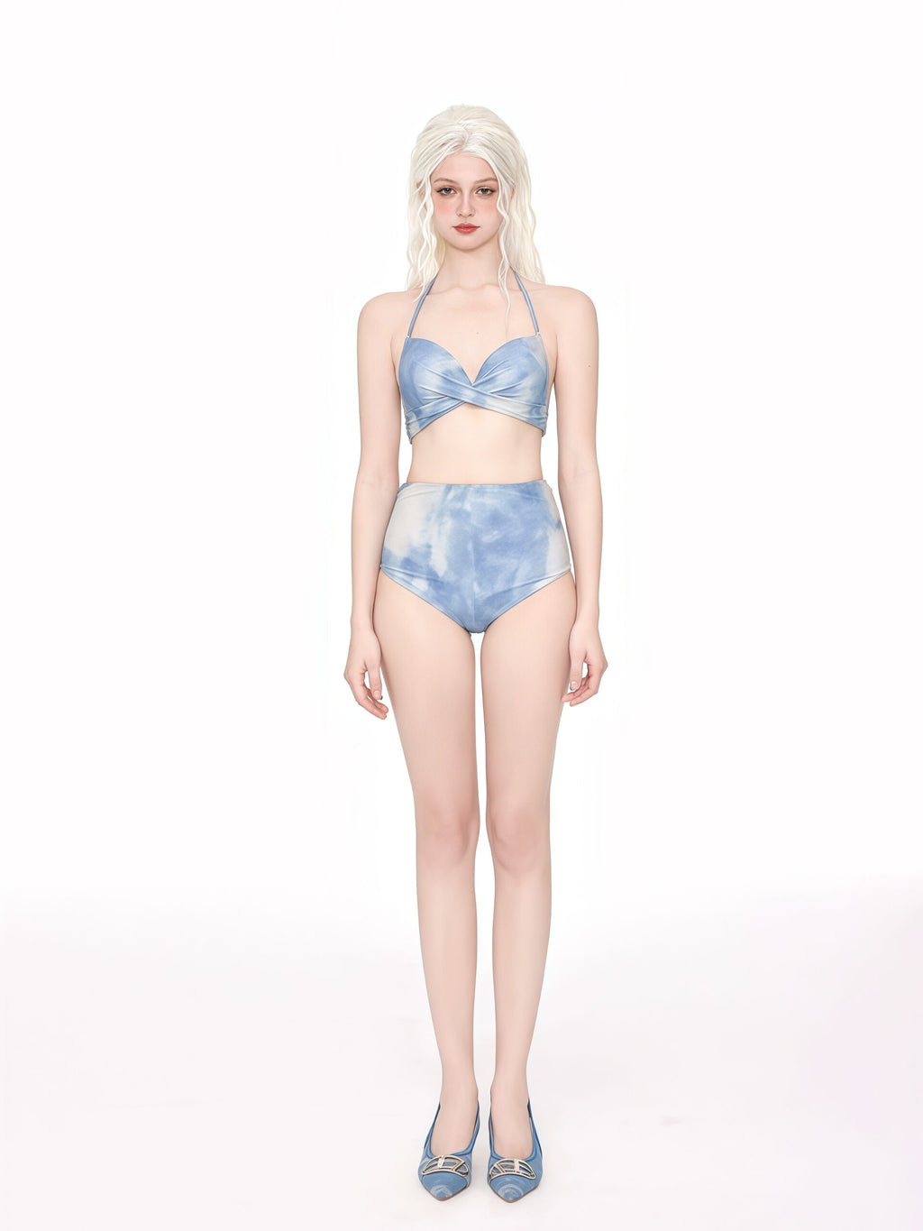Elegant Blue Tie-Dye Bikini Set with Sheer Cover-Up image 1