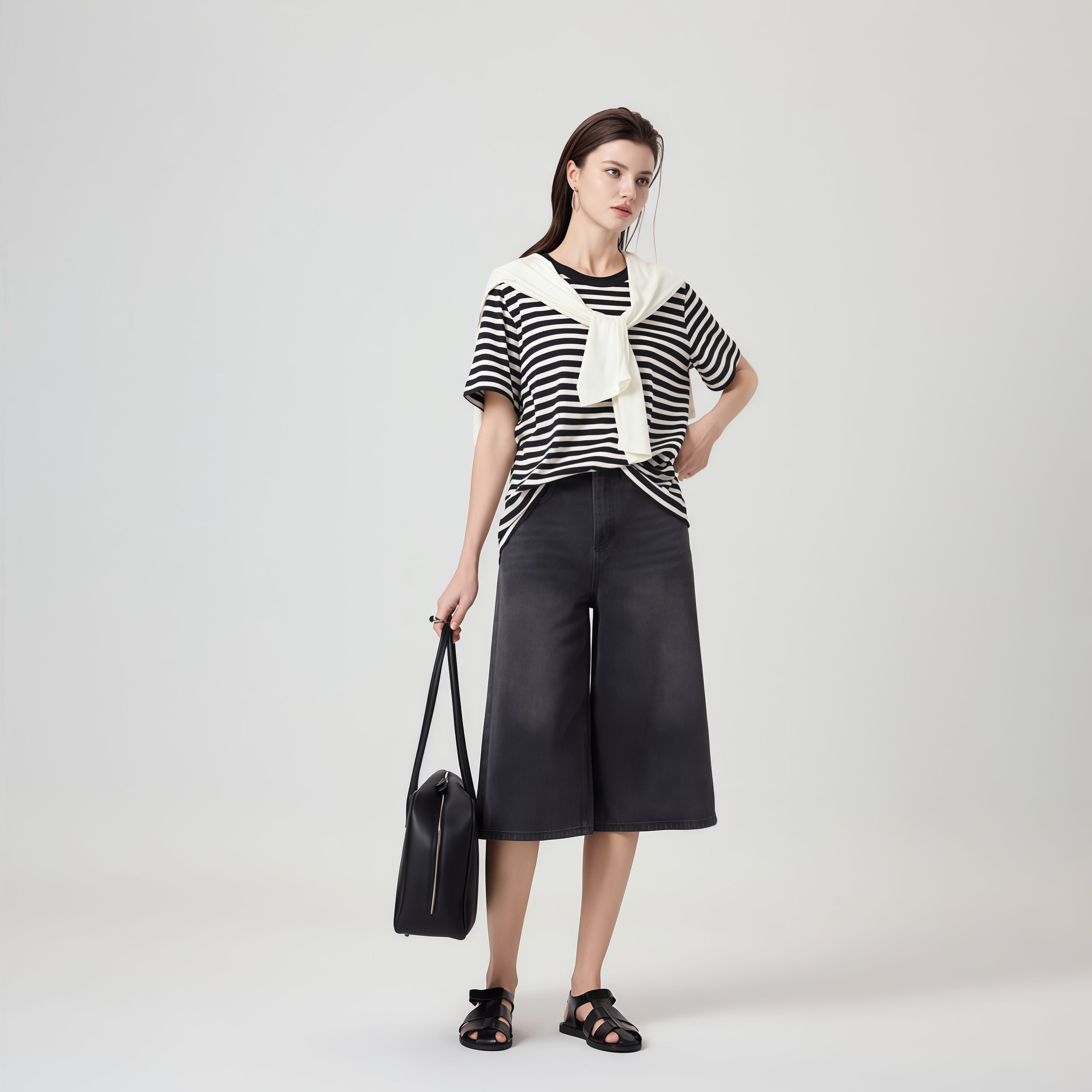 High-Waisted Black Denim Culottes image 1