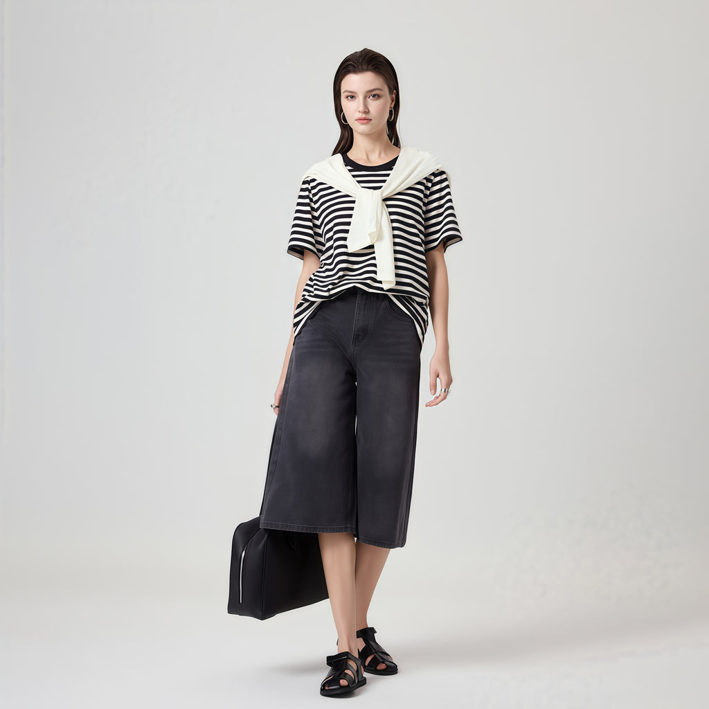 High-Waisted Black Denim Culottes image 2