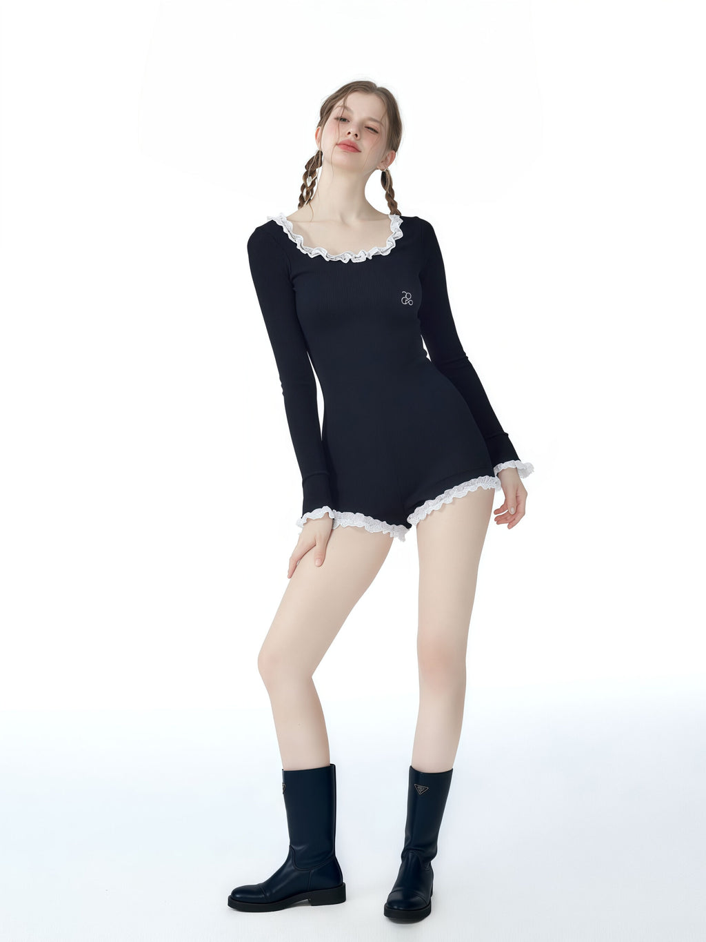 Black One-Piece Swimsuit with Ruffled Collar image 2