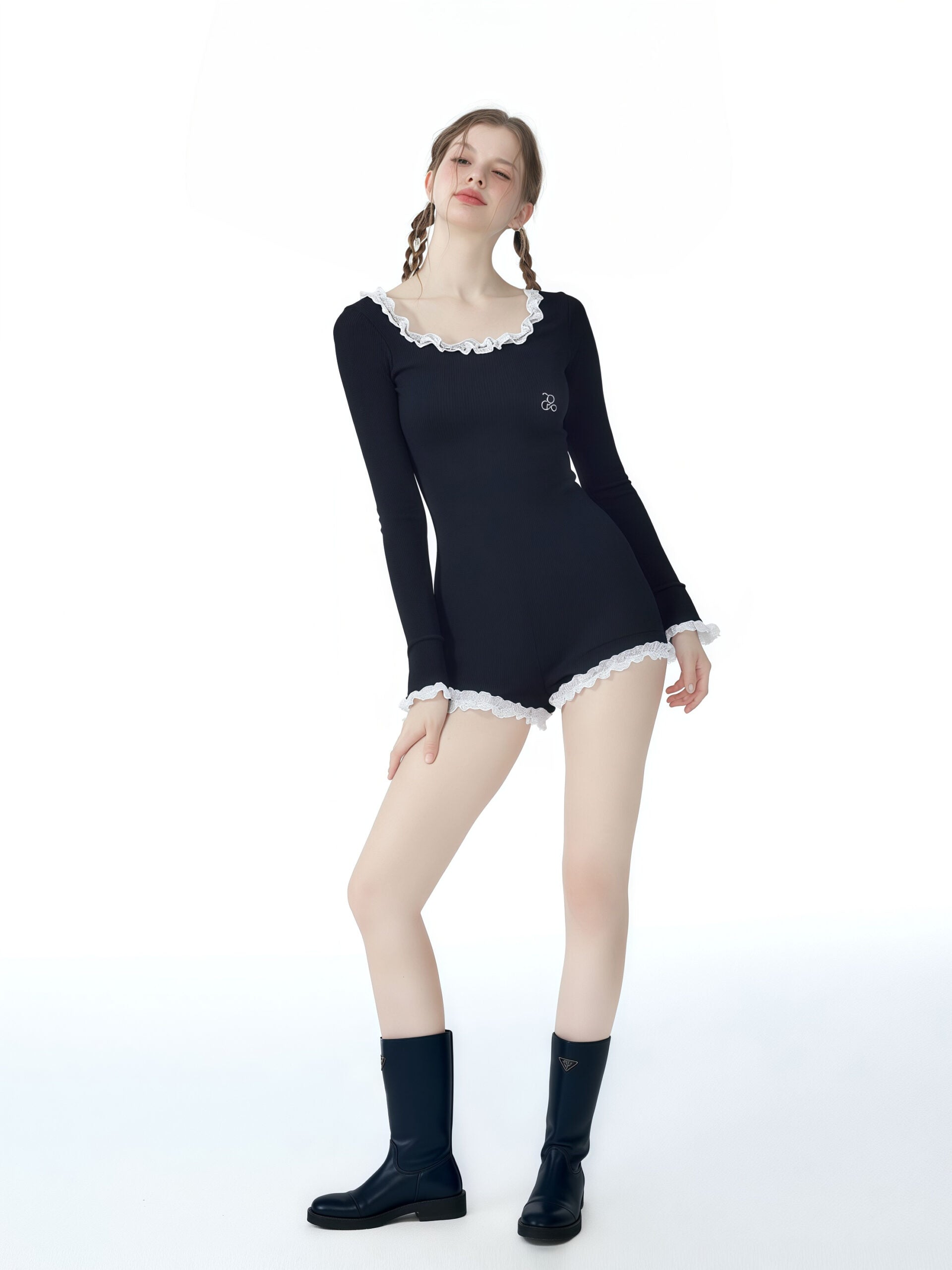 Black One-Piece Swimsuit with Ruffled Collar image 2