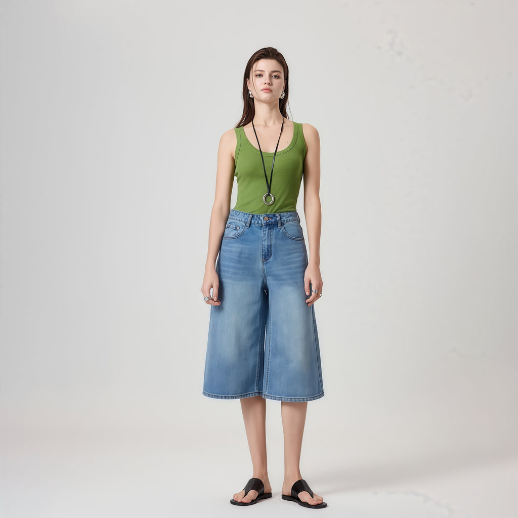 High-Waisted Blue Denim Culottes image 0