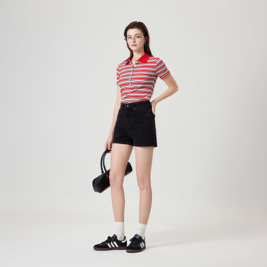 High-Rise Black Denim Shorts image 1