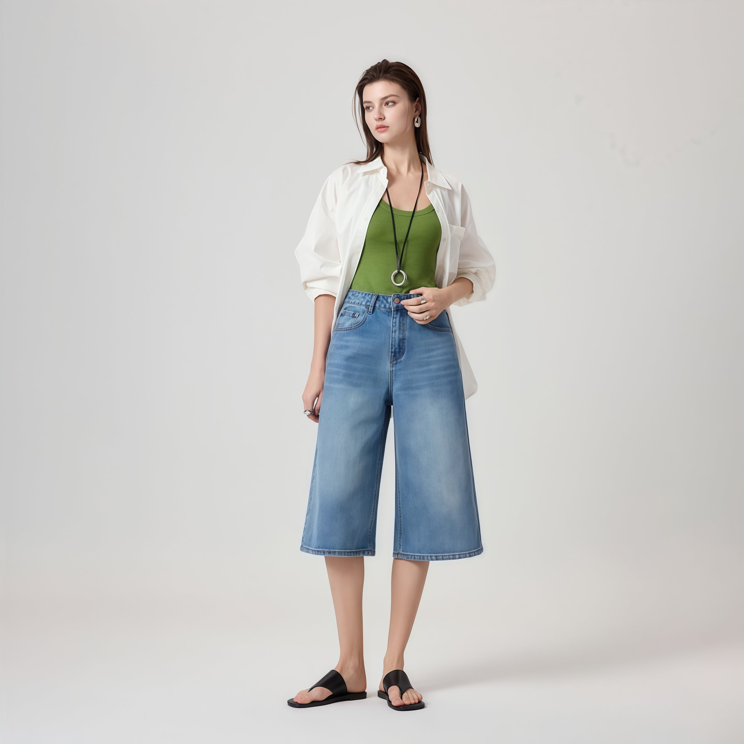 High-Waisted Blue Denim Culottes image 2