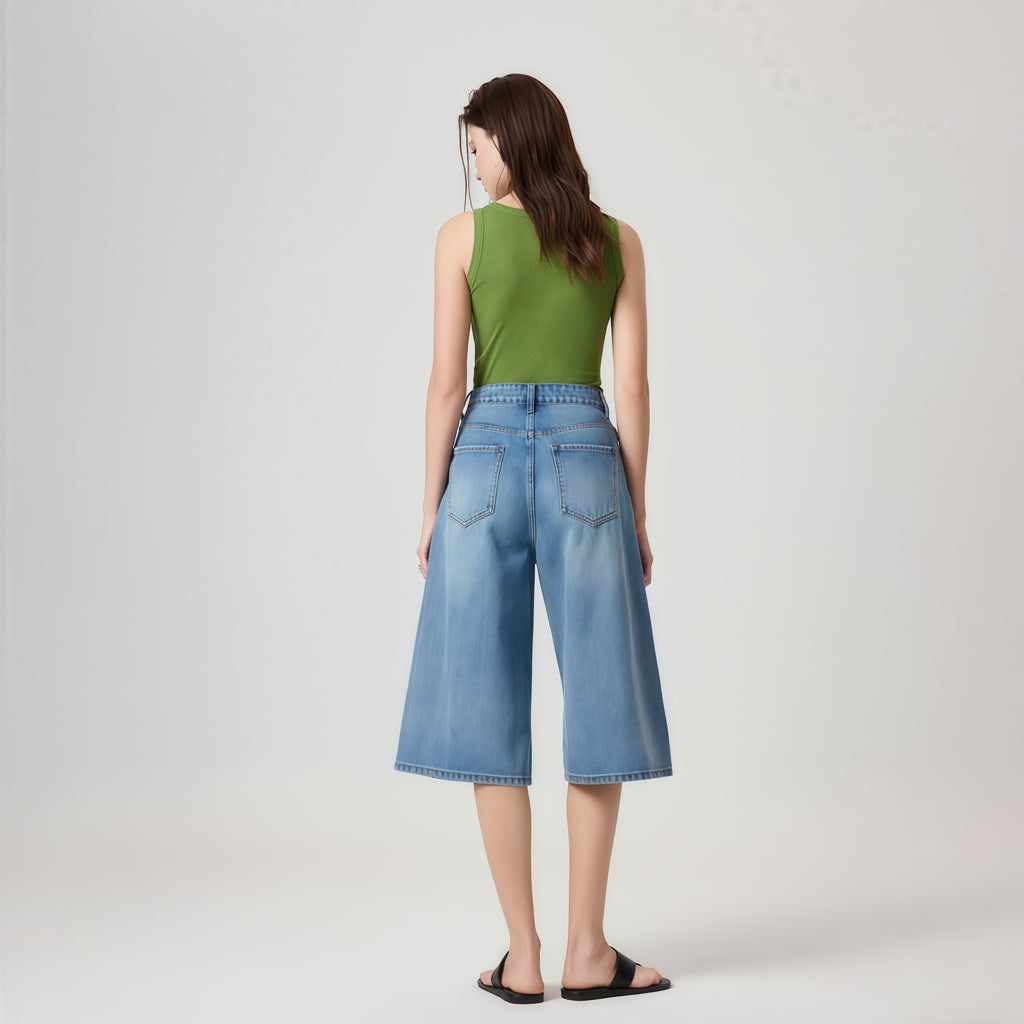 High-Waisted Blue Denim Culottes image 4