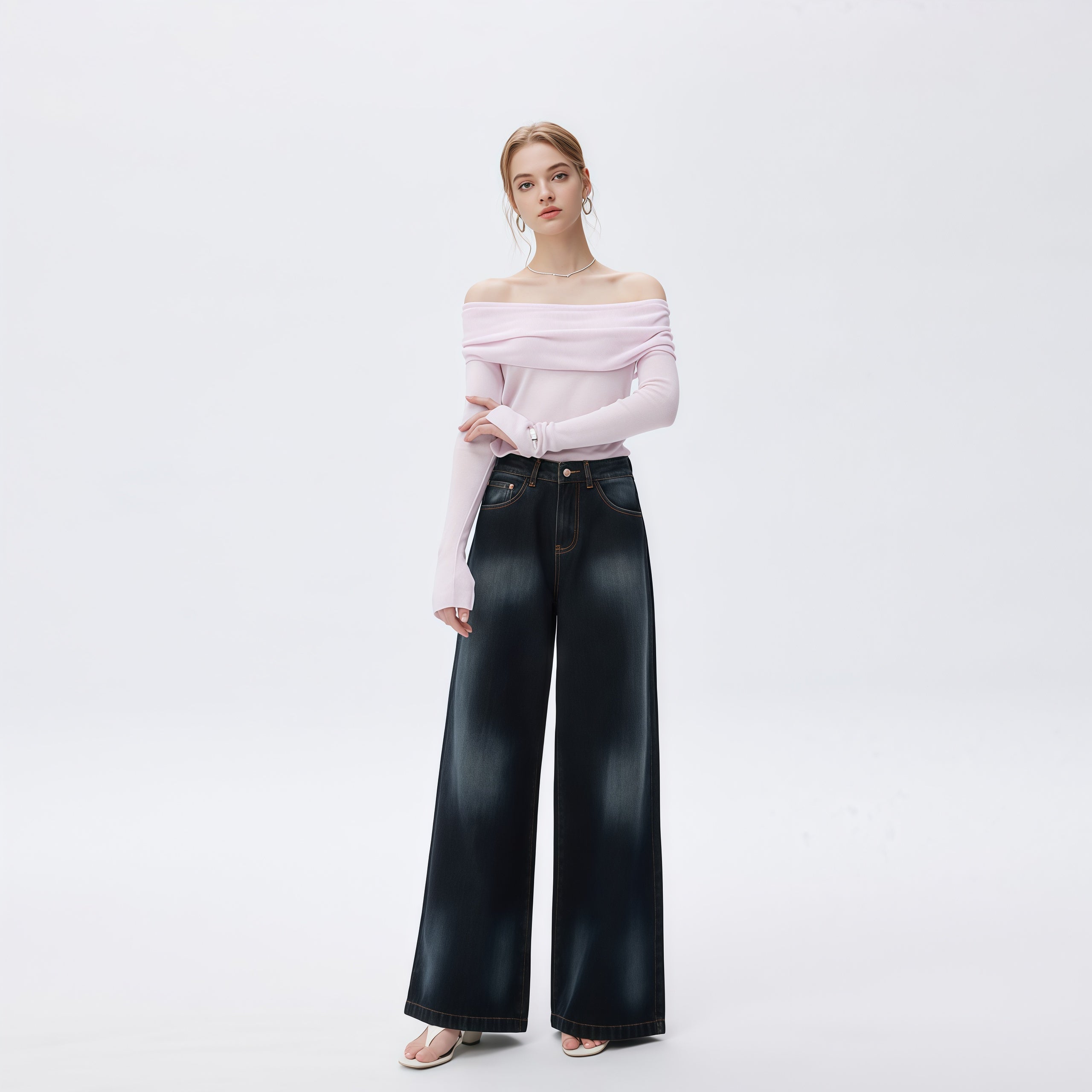 Faded Wide Leg High Waisted Jeans in Dark Wash image 1