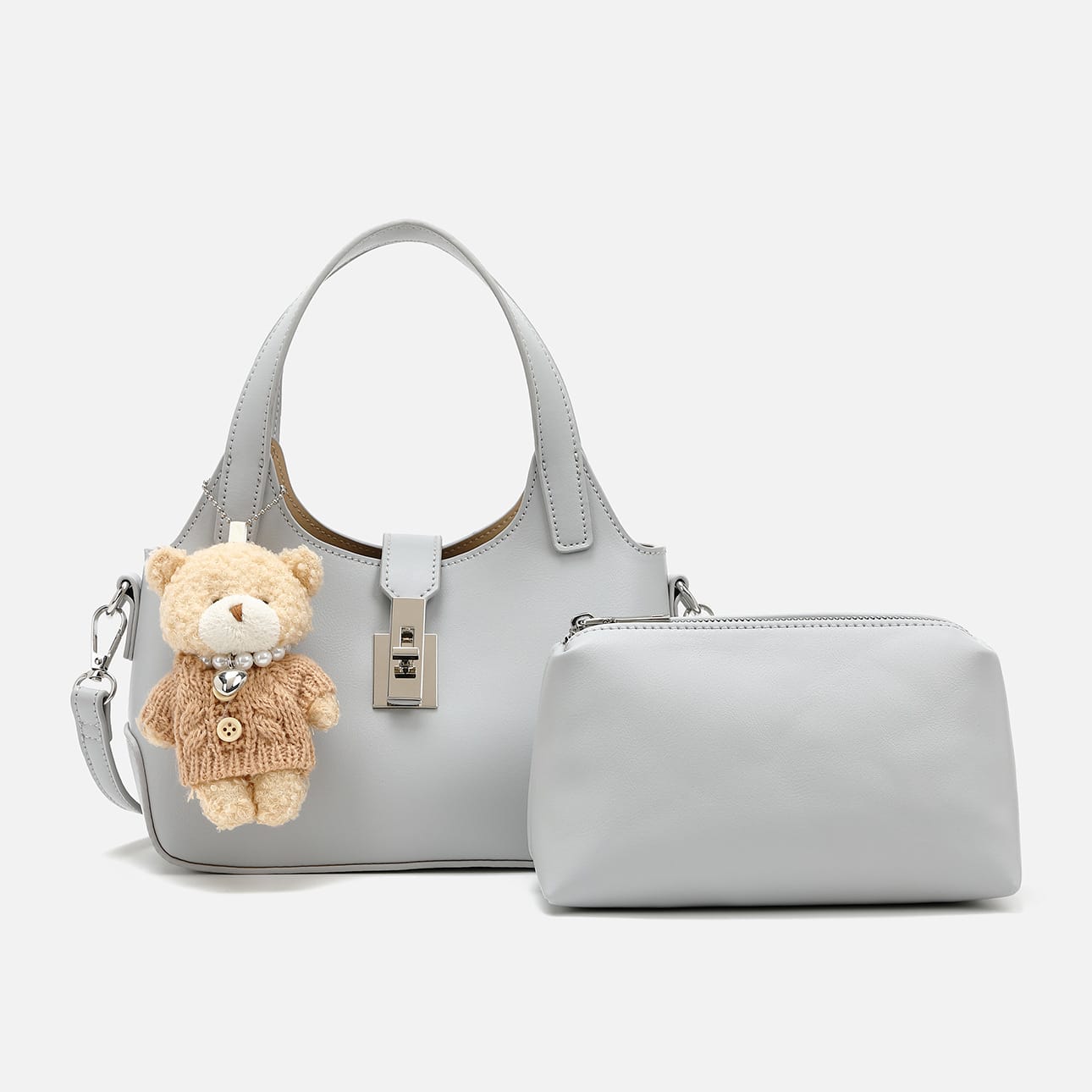Stylish Gray Handbag with Adorable Teddy Bear Charm image 6