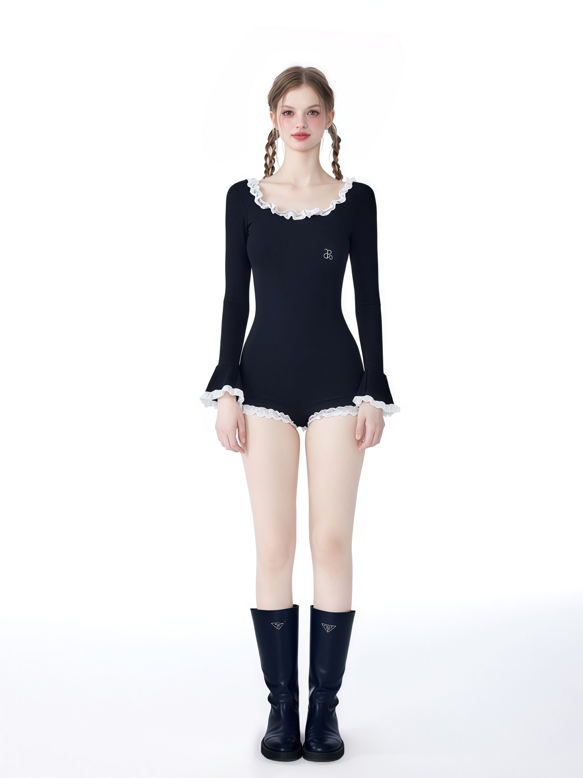 Black One-Piece Swimsuit with Ruffled Collar image 0