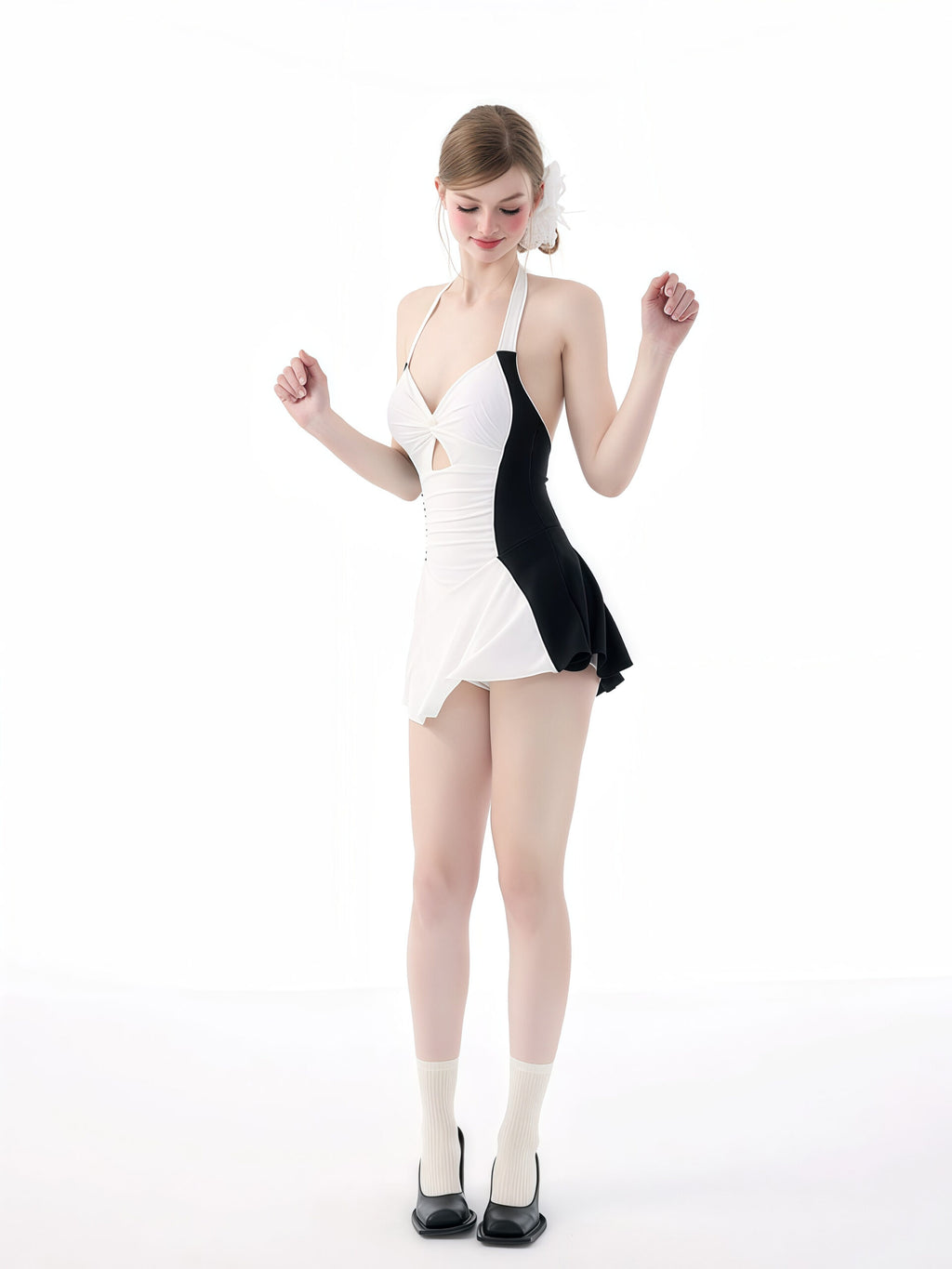 White and Black Halter Swimdress image 3
