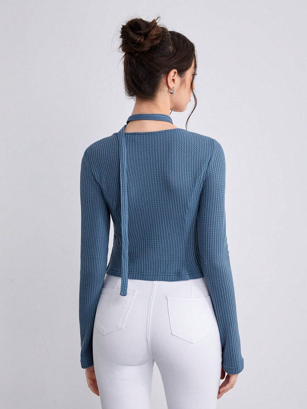 Blue Tie-Neck Long-Sleeve Crop Top