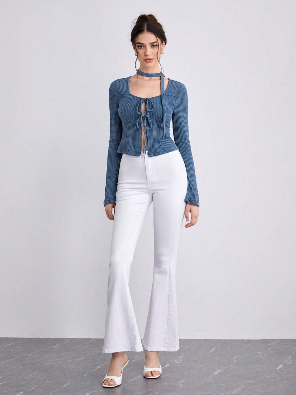 Blue Tie-Neck Long-Sleeve Crop Top