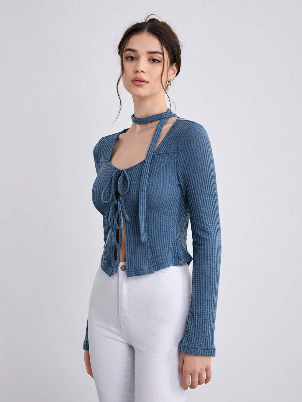 Blue Tie-Neck Long-Sleeve Crop Top