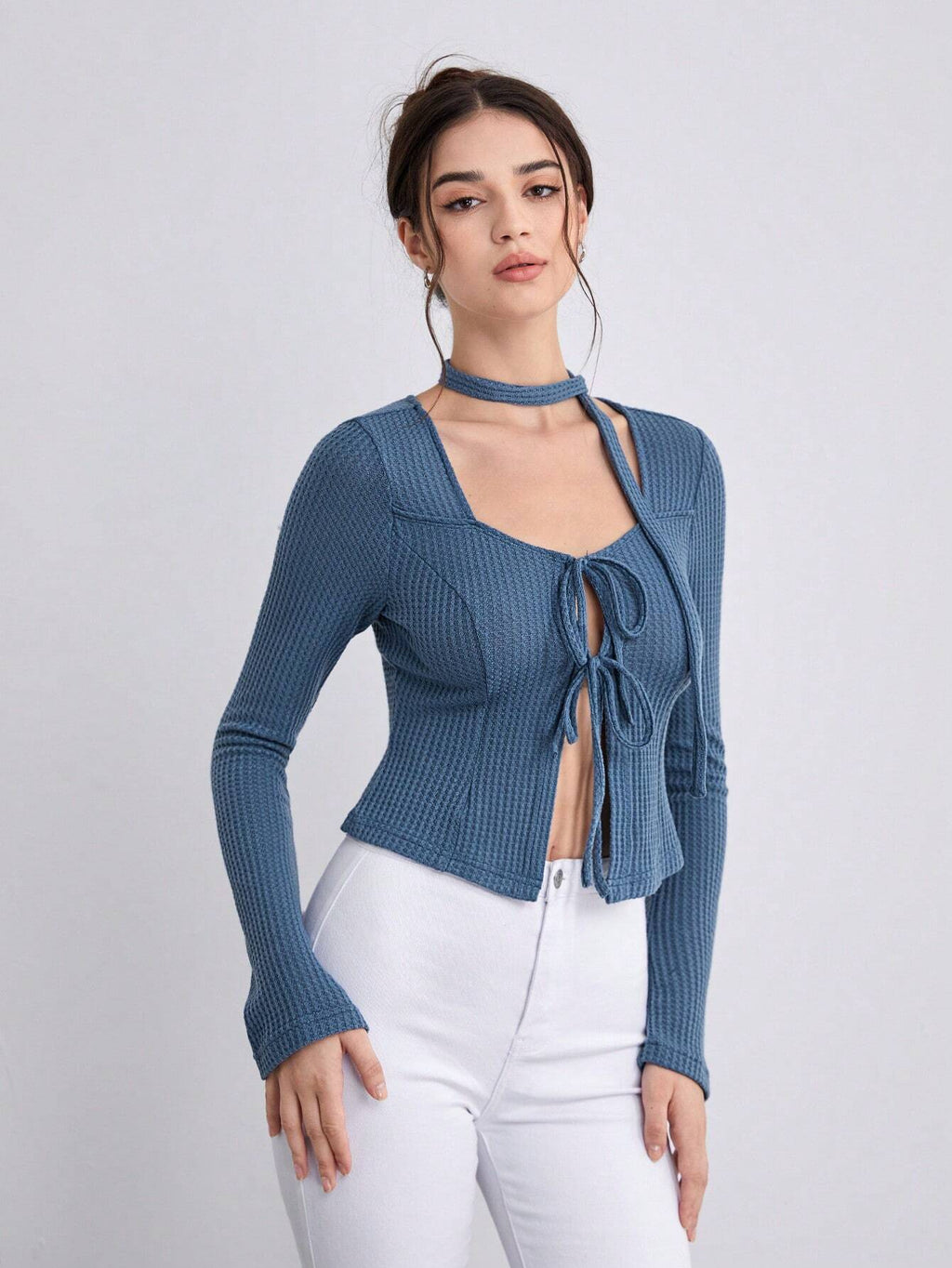 Blue Tie-Neck Long-Sleeve Crop Top
