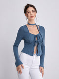 Blue Tie-Neck Long-Sleeve Crop Top