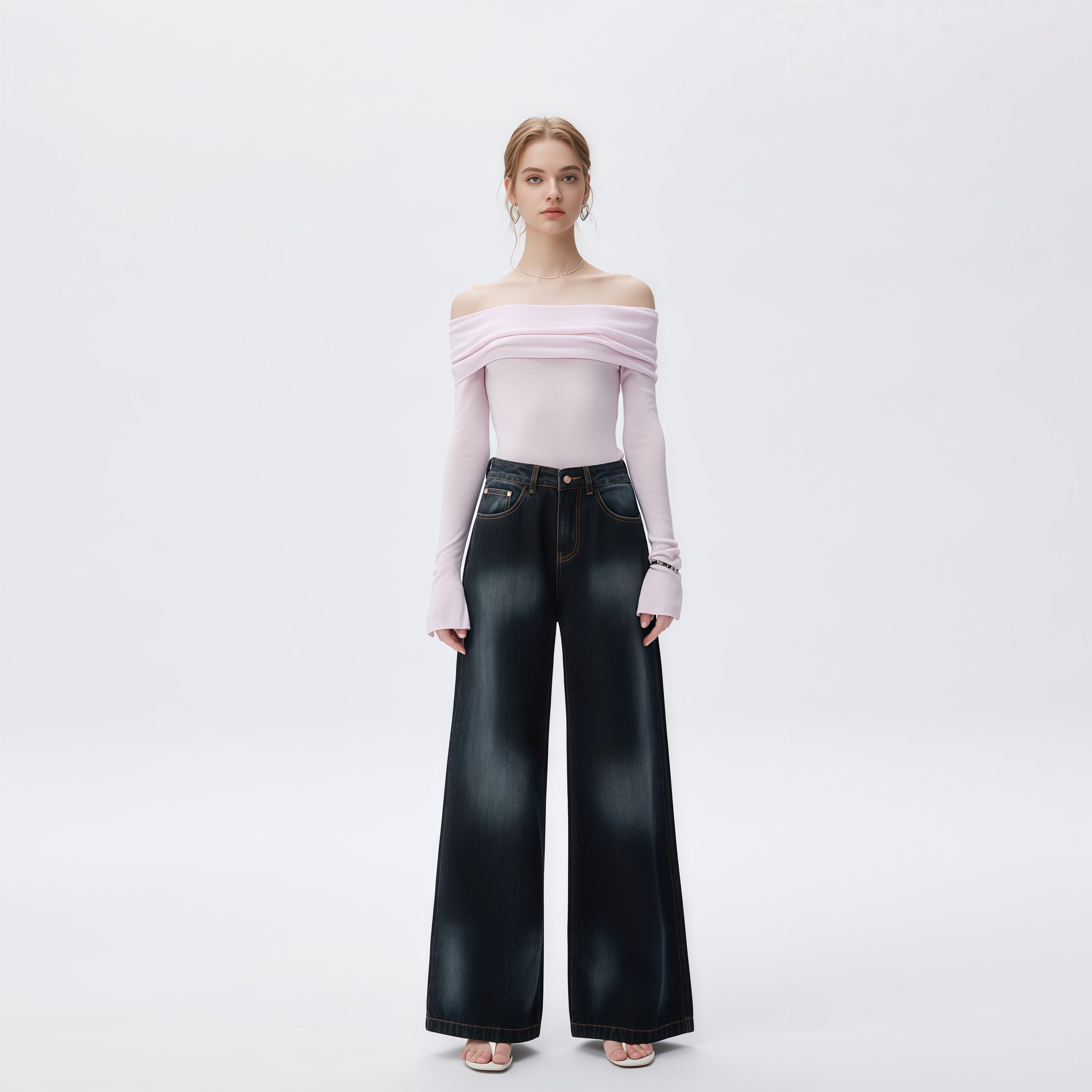 Faded Wide Leg High Waisted Jeans in Dark Wash image 0