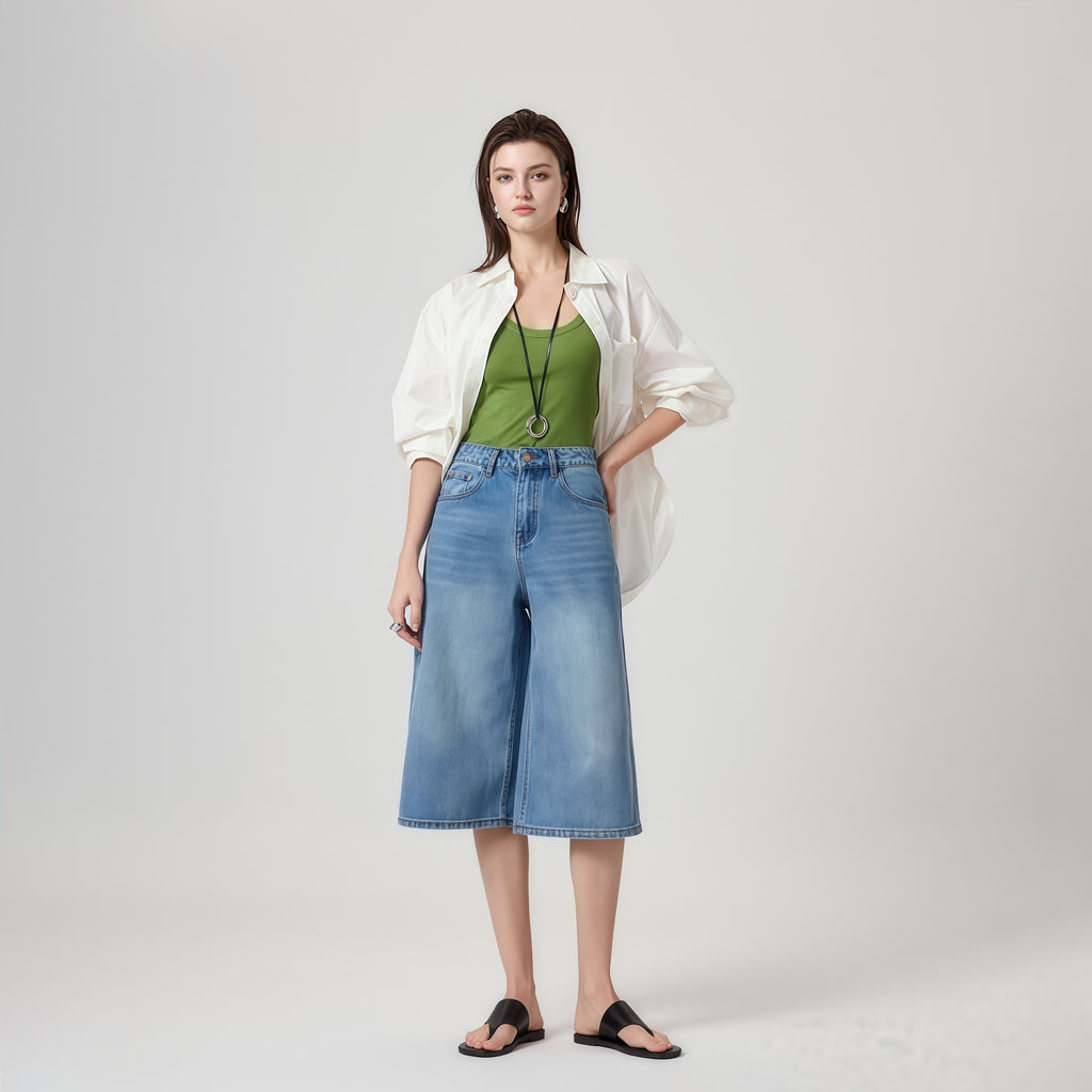 High-Waisted Blue Denim Culottes image 1