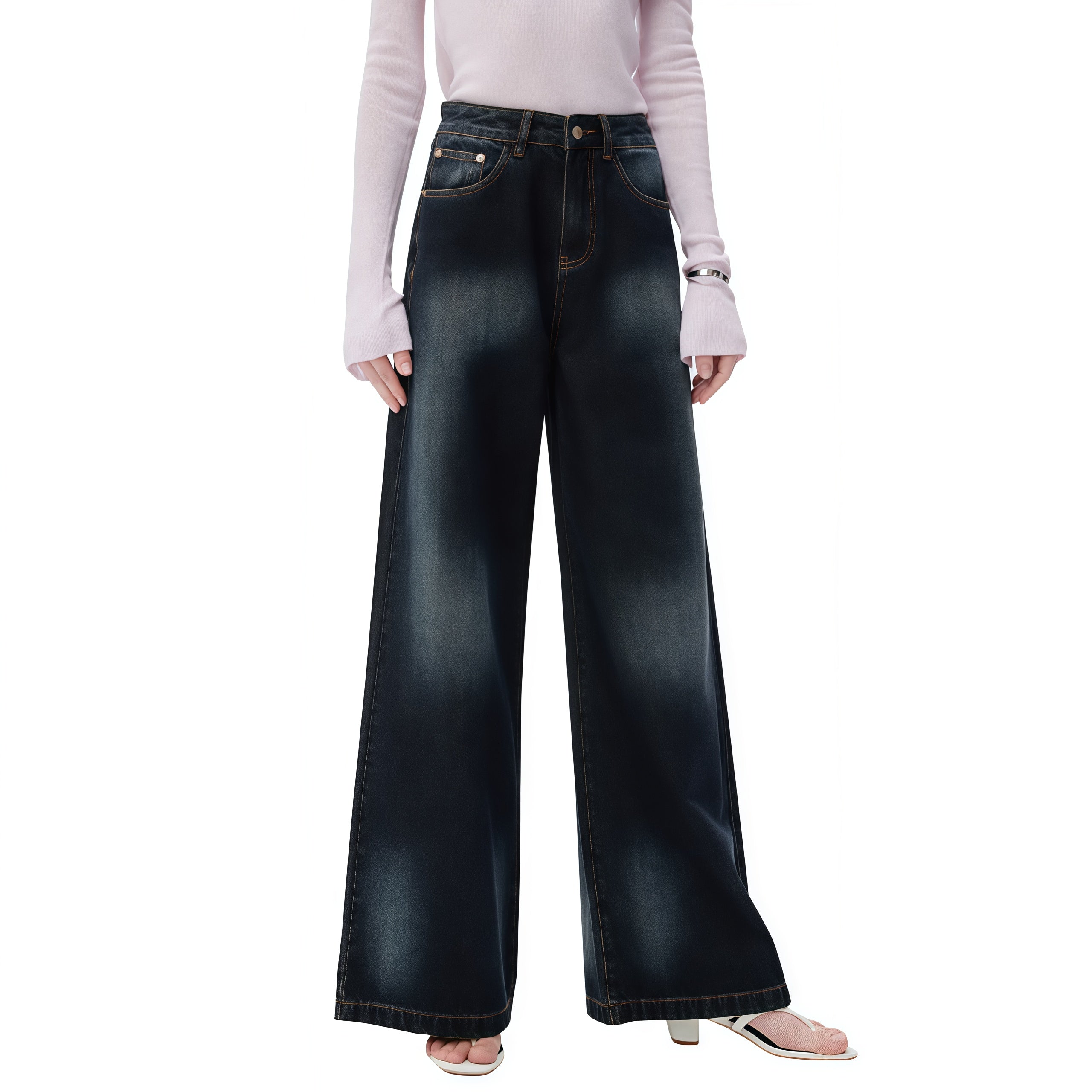 Faded Wide Leg High Waisted Jeans in Dark Wash image 4