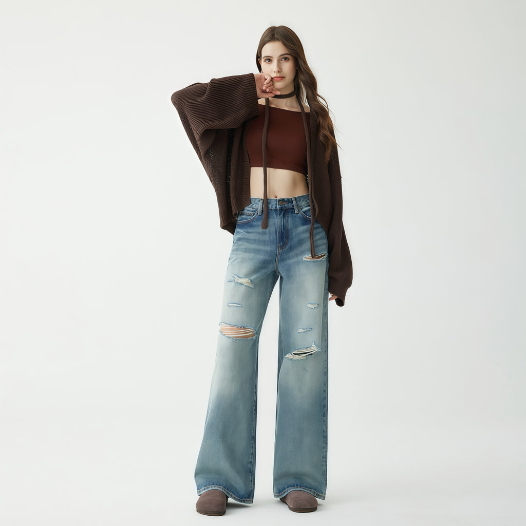 High-Waisted Ripped Light Blue Wide-Leg Jeans image 2