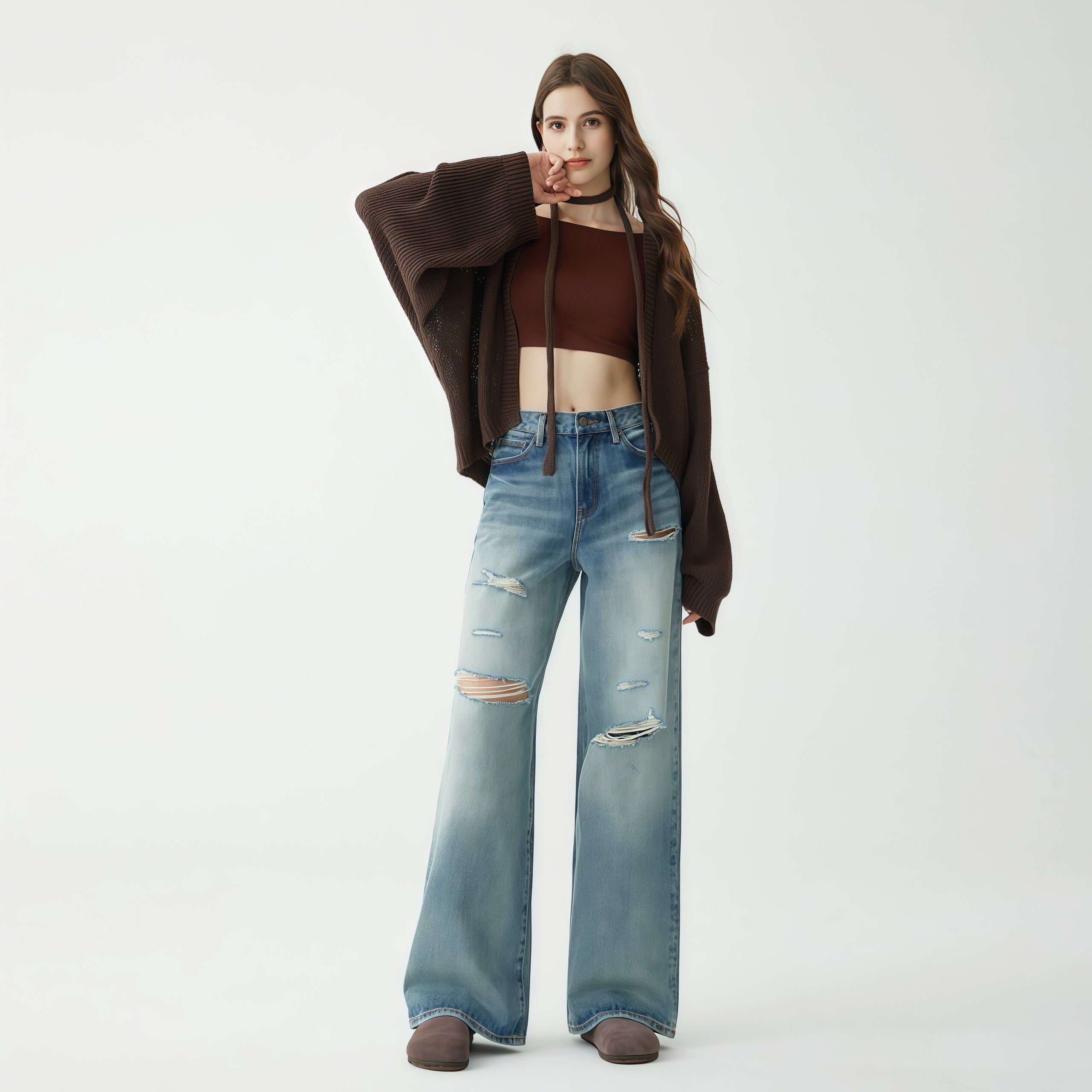 High-Waisted Ripped Light Blue Wide-Leg Jeans image 2