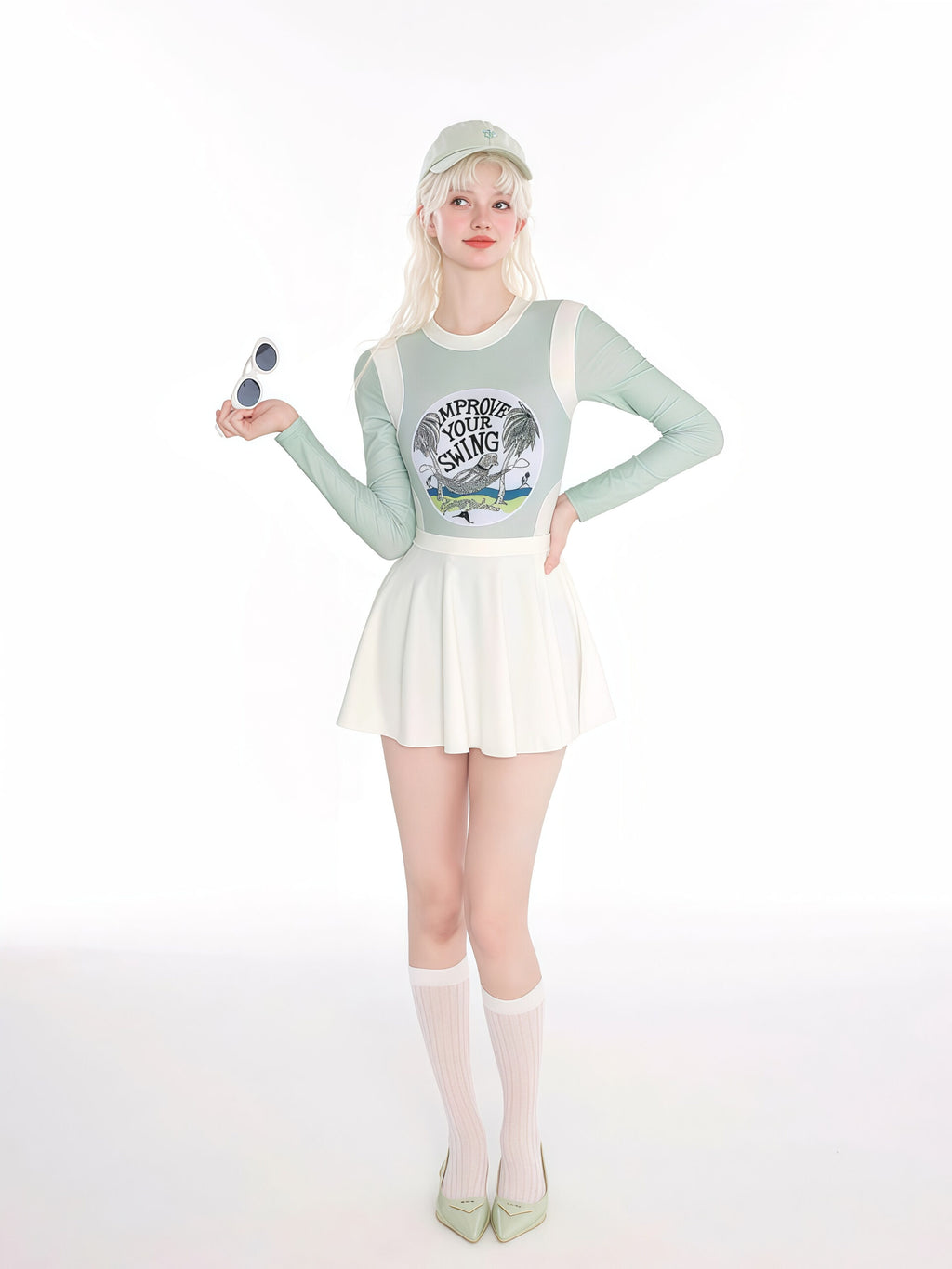 Green and White Sports-Inspired Swimsuit image 1