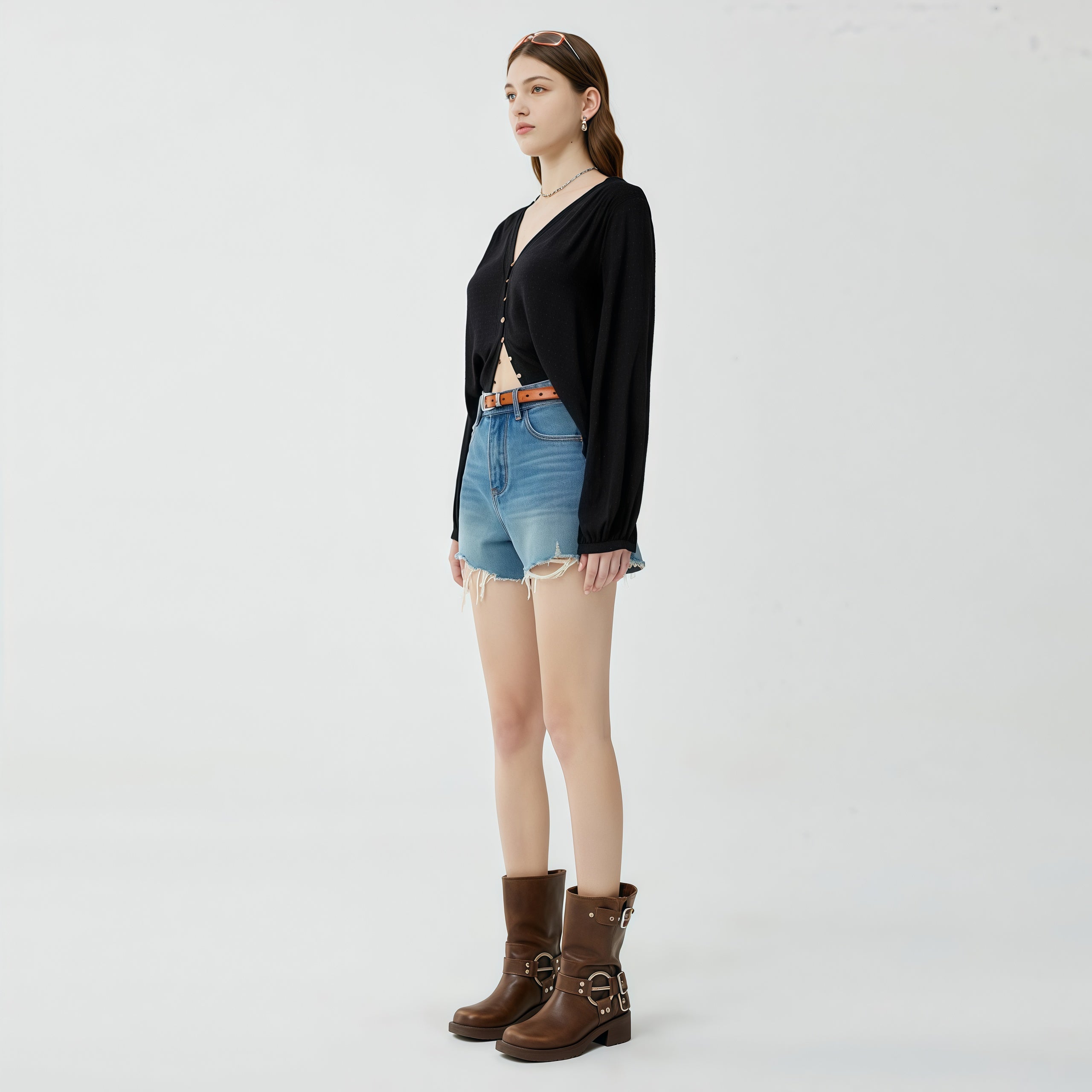 High-Waisted Denim Shorts image 1