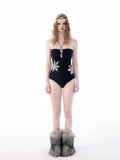 Black One-Piece Swimsuit with Floral Accents image 0
