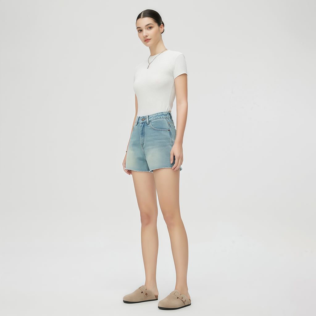 High-Rise Light Blue Denim Shorts image 1
