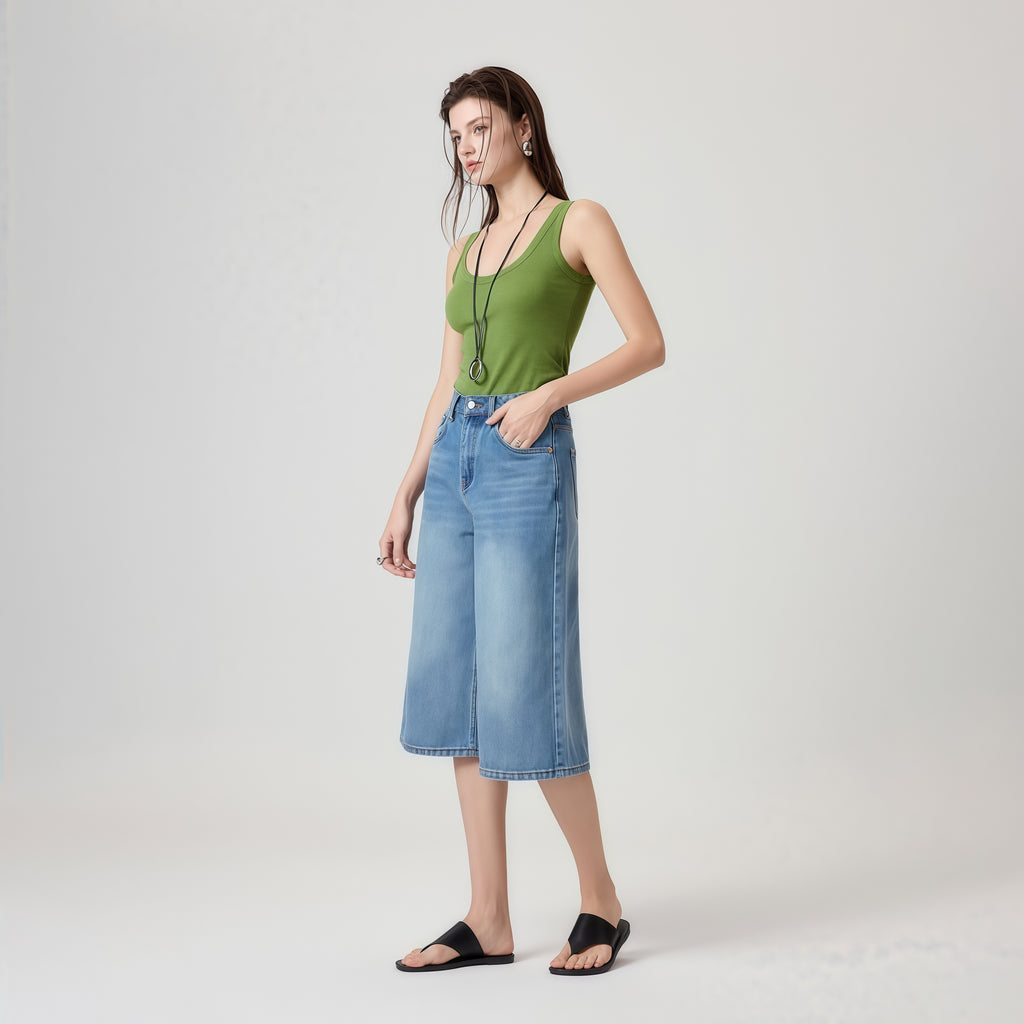 High-Waisted Blue Denim Culottes image 3