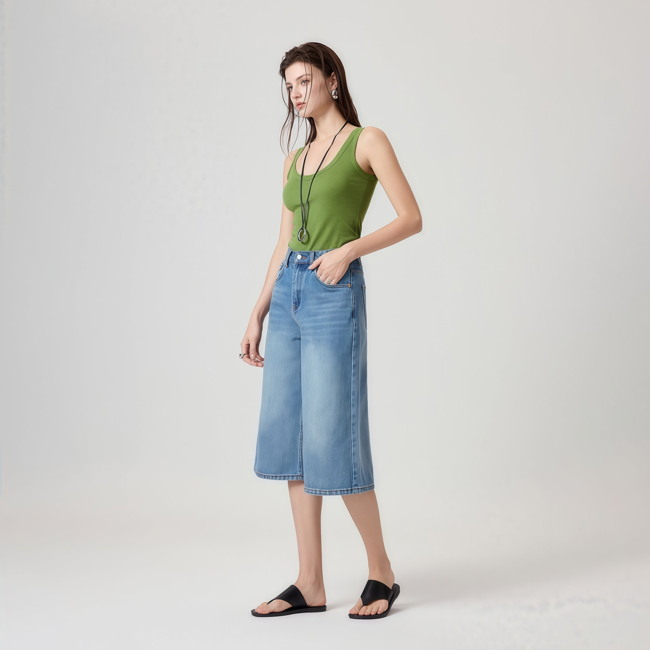 High-Waisted Blue Denim Culottes image 3