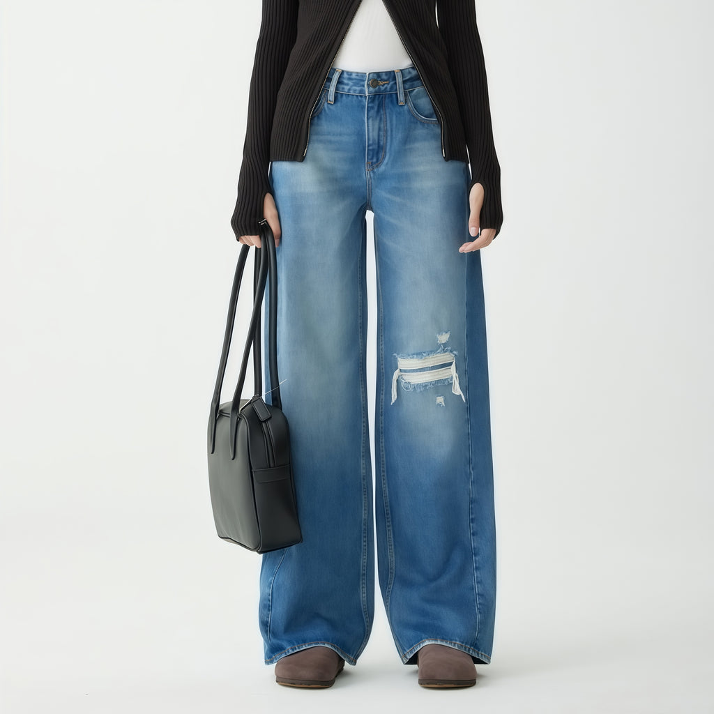 Distressed Wide Leg High Waisted Jeans in Light Blue image 4