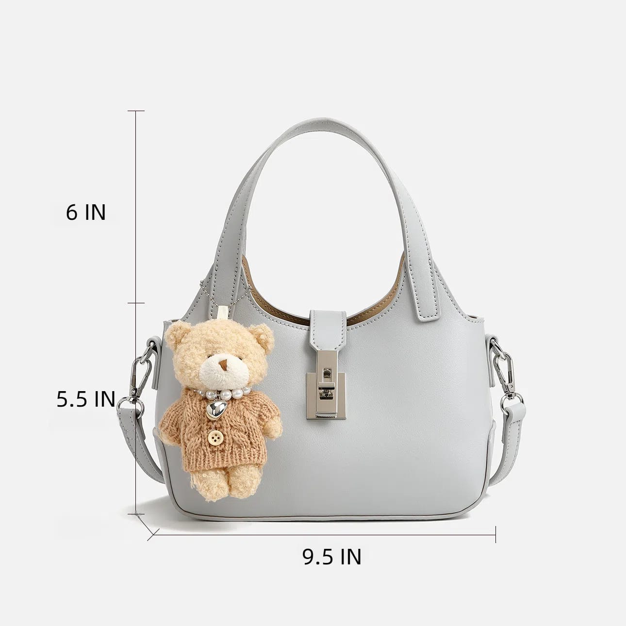 Stylish Gray Handbag with Adorable Teddy Bear Charm image 1