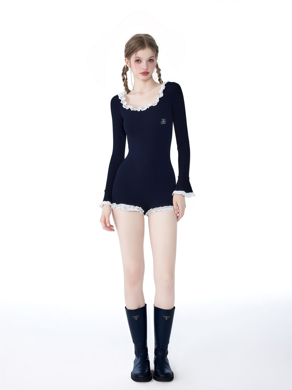 Black One-Piece Swimsuit with Ruffled Collar image 1