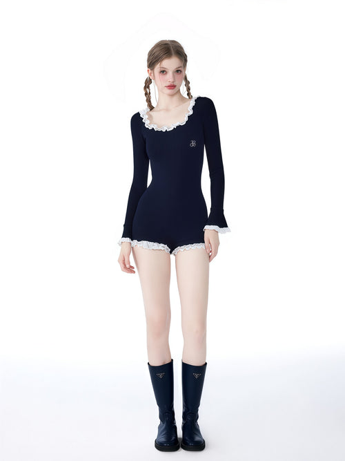 Black One-Piece Swimsuit with Ruffled Collar image 1