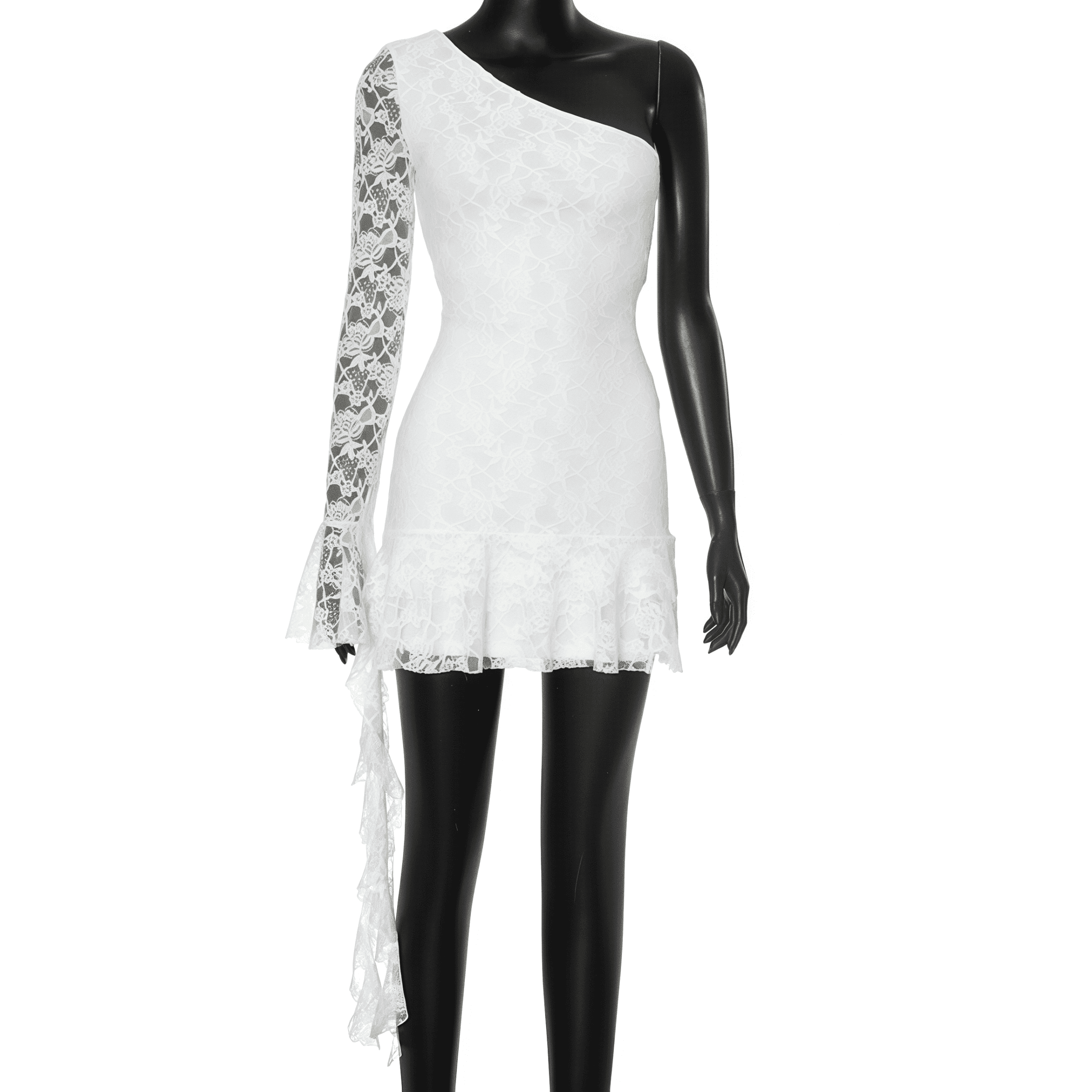 White Lace Mini Dress with Long Train - Image 6